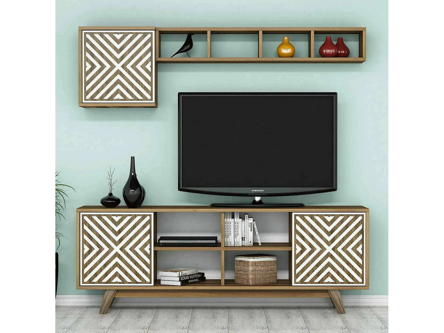 Meuble TV Nair, Buffet de salon, Armoire basse pour TV, Base murale de rangement, 160x35h56 cm, Noyer et Blanc