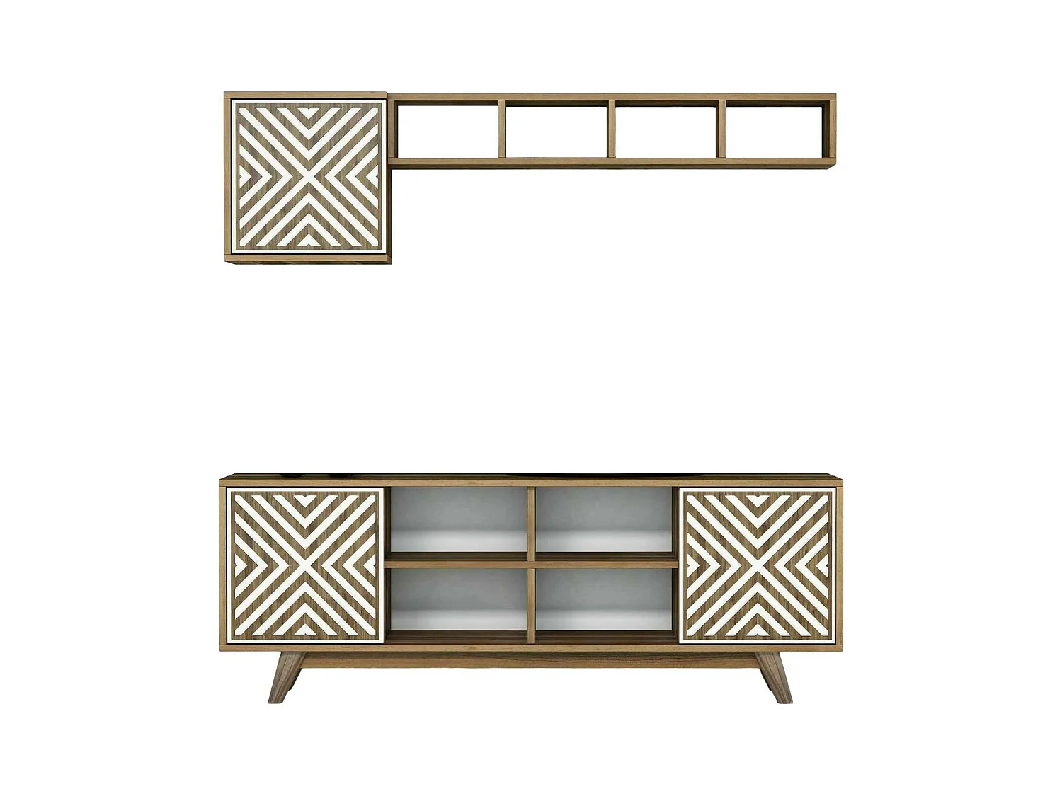 Meuble TV Nair, Buffet de salon, Armoire basse pour TV, Base murale de rangement, 160x35h56 cm, Noyer et Blanc