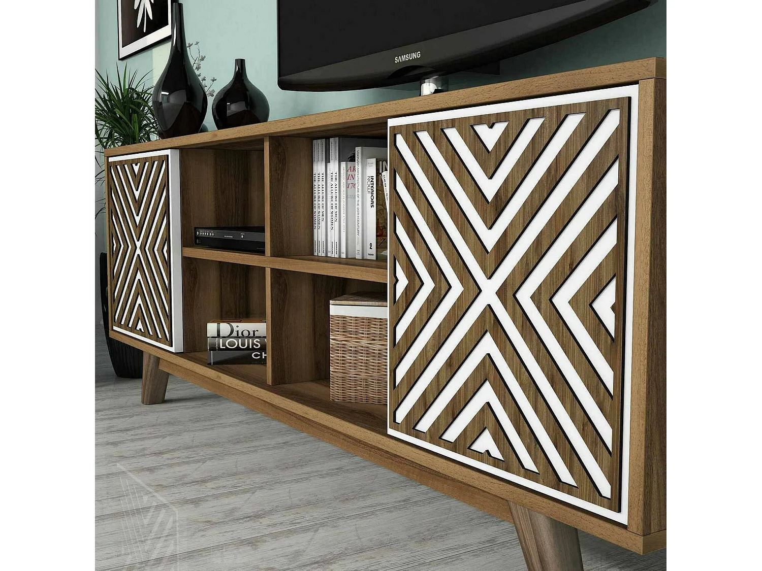 Armário de TV Dpandolf, Aparador de sala, Armário de TV baixo, Base de parede equipada, 160x35h56 cm, Nogueira e Branco