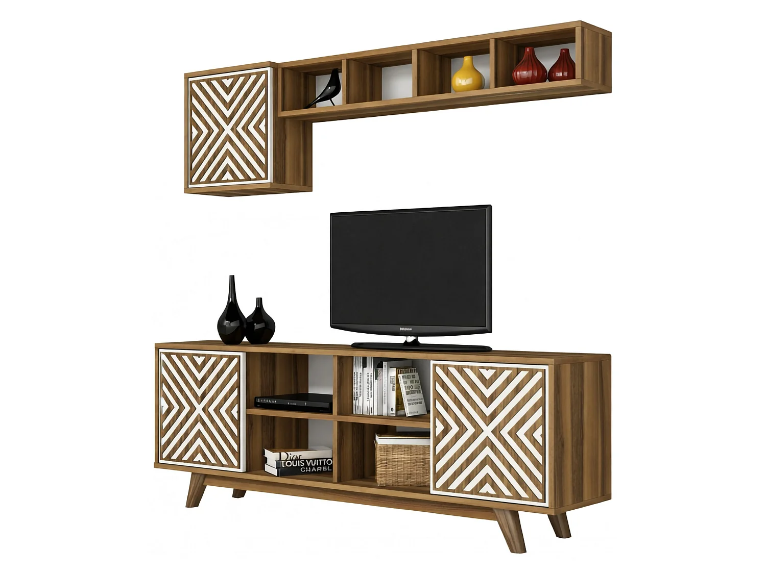 Meuble TV Nair, Buffet de salon, Armoire basse pour TV, Base murale de rangement, 160x35h56 cm, Noyer et Blanc