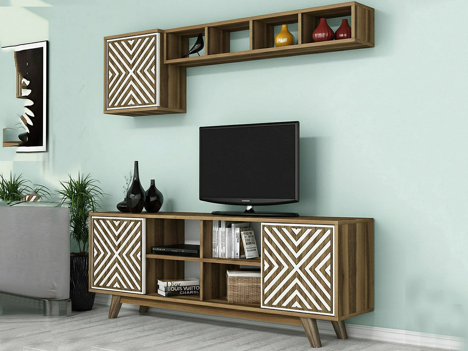 Meuble TV Nair, Buffet de salon, Armoire basse pour TV, Base murale de rangement, 160x35h56 cm, Noyer et Blanc