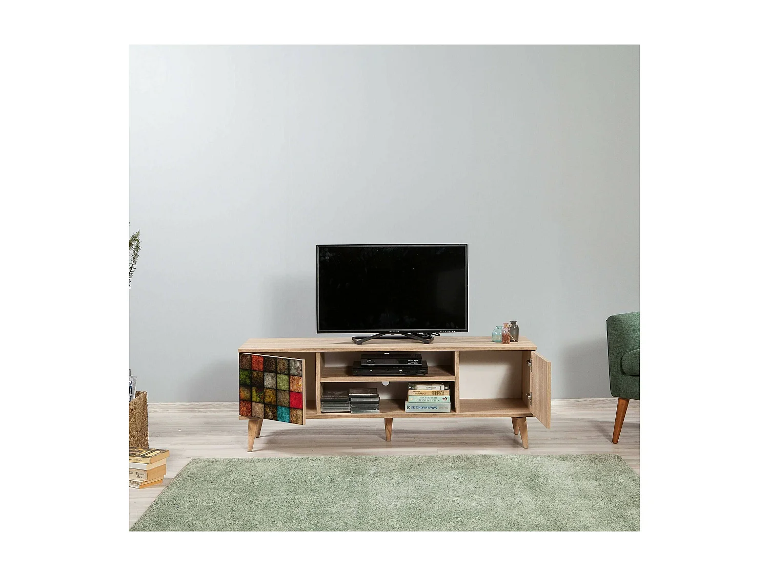 Meuble TV Amalthea, Buffet de salon, Armoire basse pour TV, Base murale de rangement, 140x40h50 cm, Chêne et Multicolore