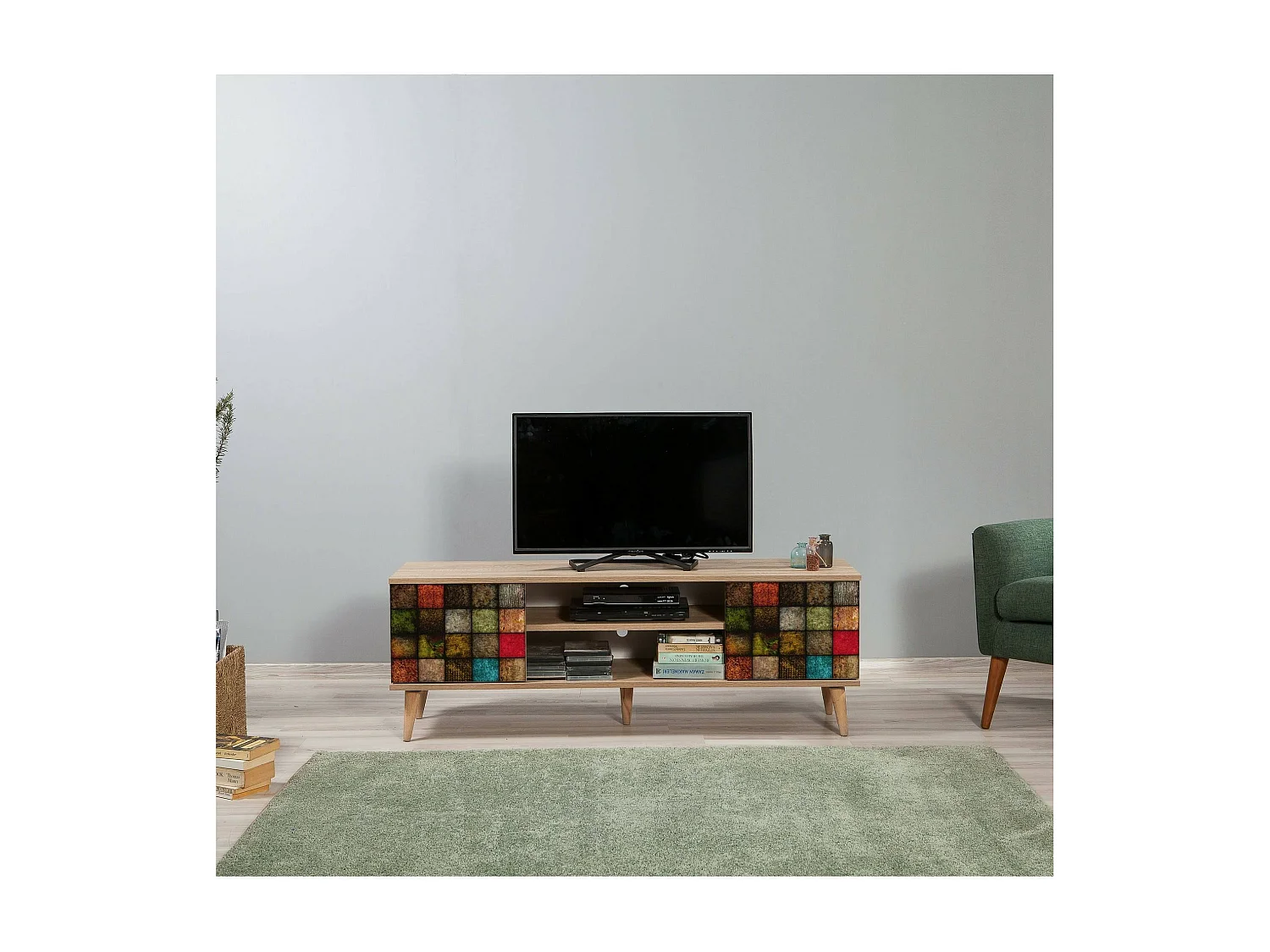 Meuble TV Amalthea, Buffet de salon, Armoire basse pour TV, Base murale de rangement, 140x40h50 cm, Chêne et Multicolore