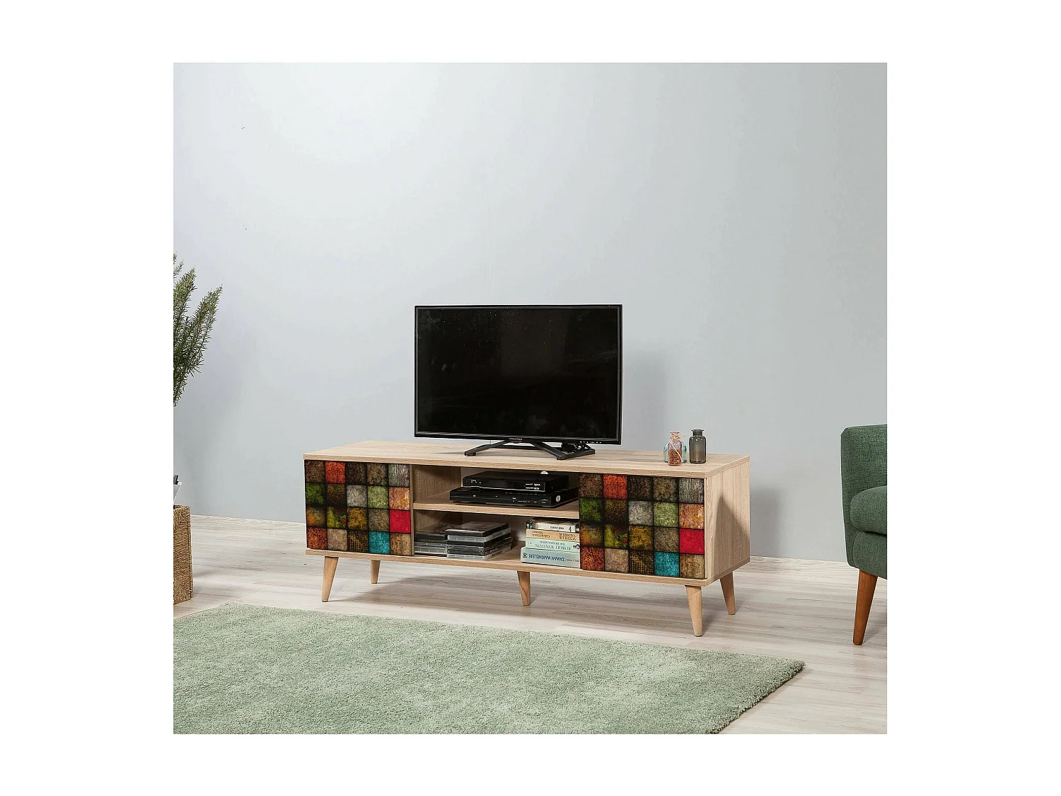 Fernsehschrank Dfantacc, Ständer für Wohnzimmerfernseher, Niedriges Wohnzimmer-Sideboard, TV-Ständerbasis, 140x40h50 cm, Eiche und Multicolor