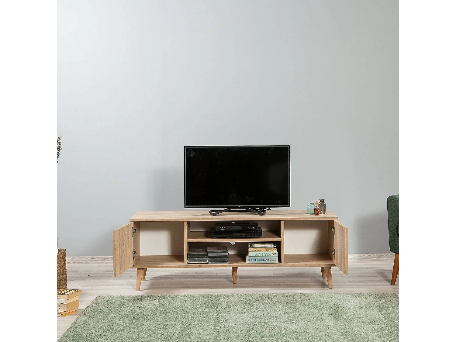 Fernsehschrank Dfantacc, Ständer für Wohnzimmerfernseher, Niedriges Wohnzimmer-Sideboard, TV-Ständerbasis, 140x40h50 cm, Eiche und Multicolor
