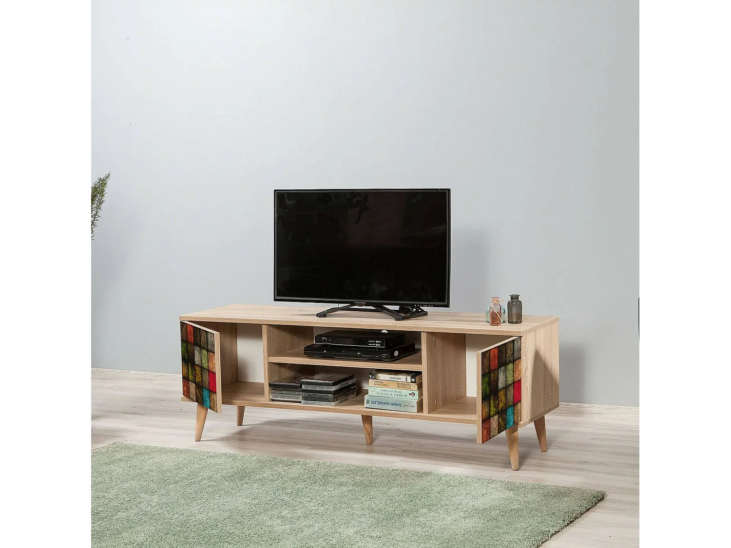 Fernsehschrank Dfantacc, Ständer für Wohnzimmerfernseher, Niedriges Wohnzimmer-Sideboard, TV-Ständerbasis, 140x40h50 cm, Eiche und Multicolor