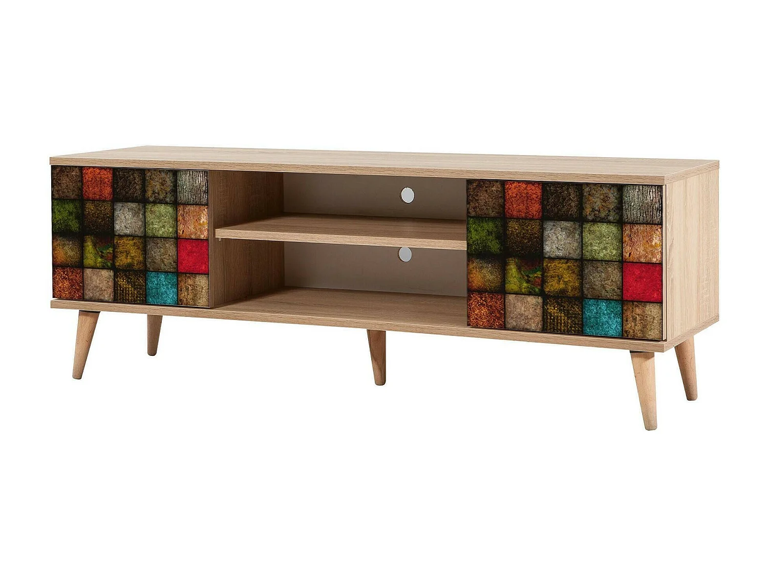 Meuble TV Amalthea, Buffet de salon, Armoire basse pour TV, Base murale de rangement, 140x40h50 cm, Chêne et Multicolore