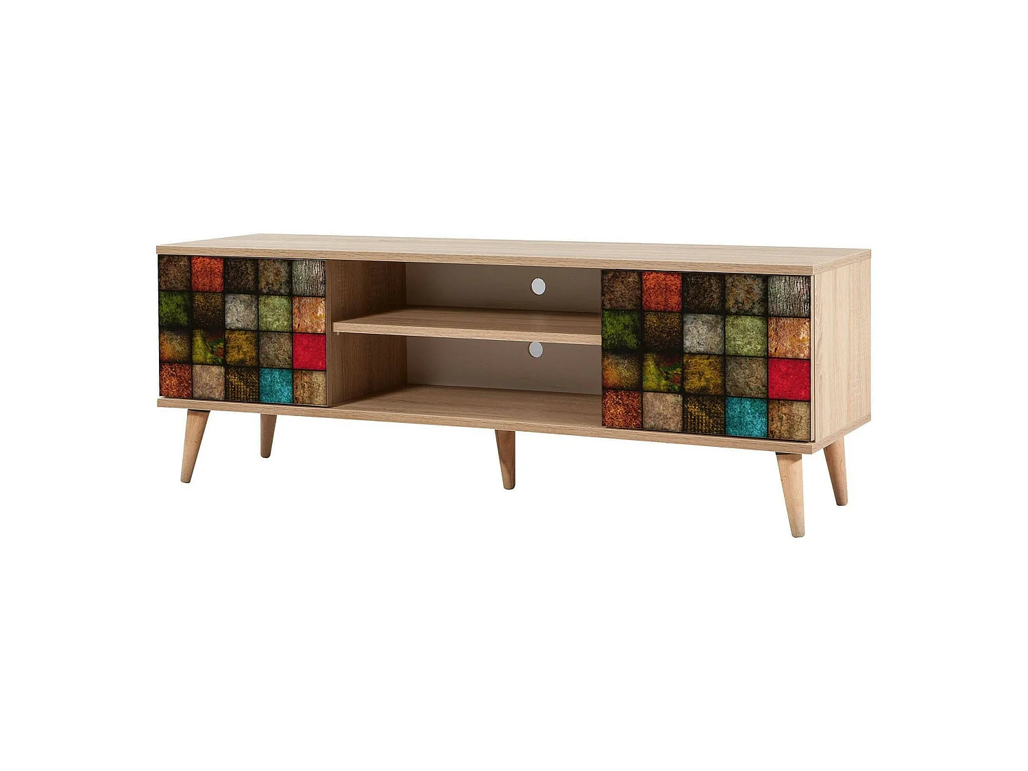 Fernsehschrank Dfantacc, Ständer für Wohnzimmerfernseher, Niedriges Wohnzimmer-Sideboard, TV-Ständerbasis, 140x40h50 cm, Eiche und Multicolor