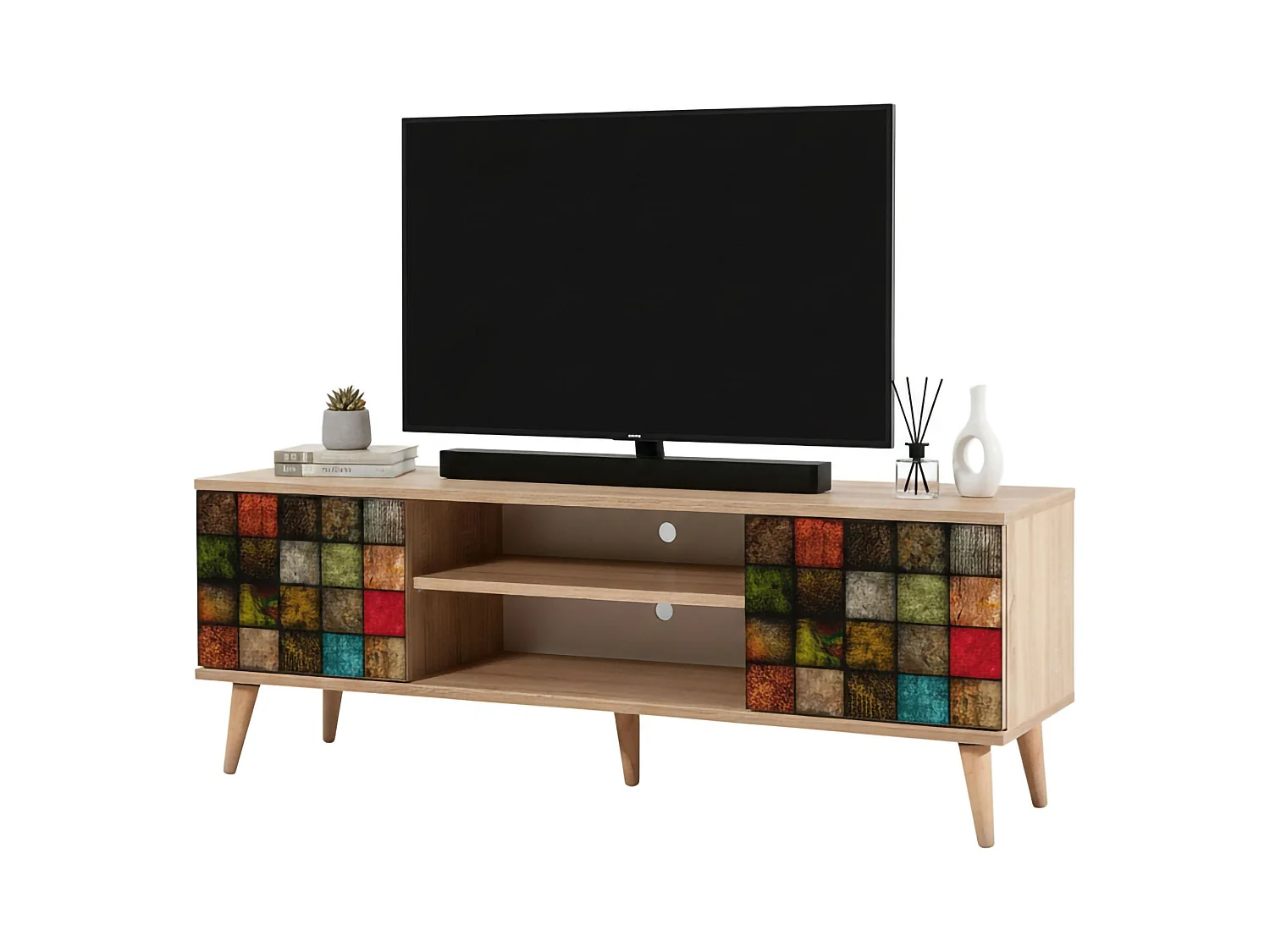 Armário de suporte de TV Dfantacc, Aparador de sala, Armário de TV baixo, Base de parede equipada, 140x40h50 cm, Carvalho e Multicolor