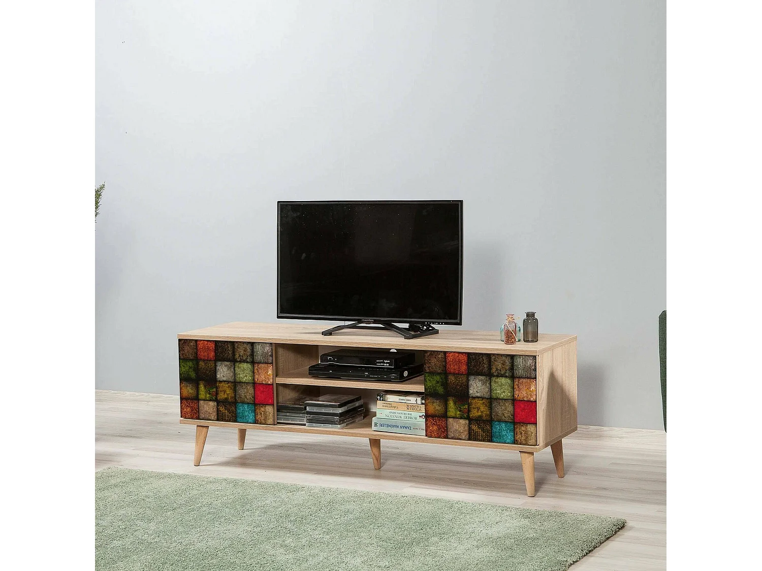 Armário de suporte de TV Dfantacc, Aparador de sala, Armário de TV baixo, Base de parede equipada, 140x40h50 cm, Carvalho e Multicolor
