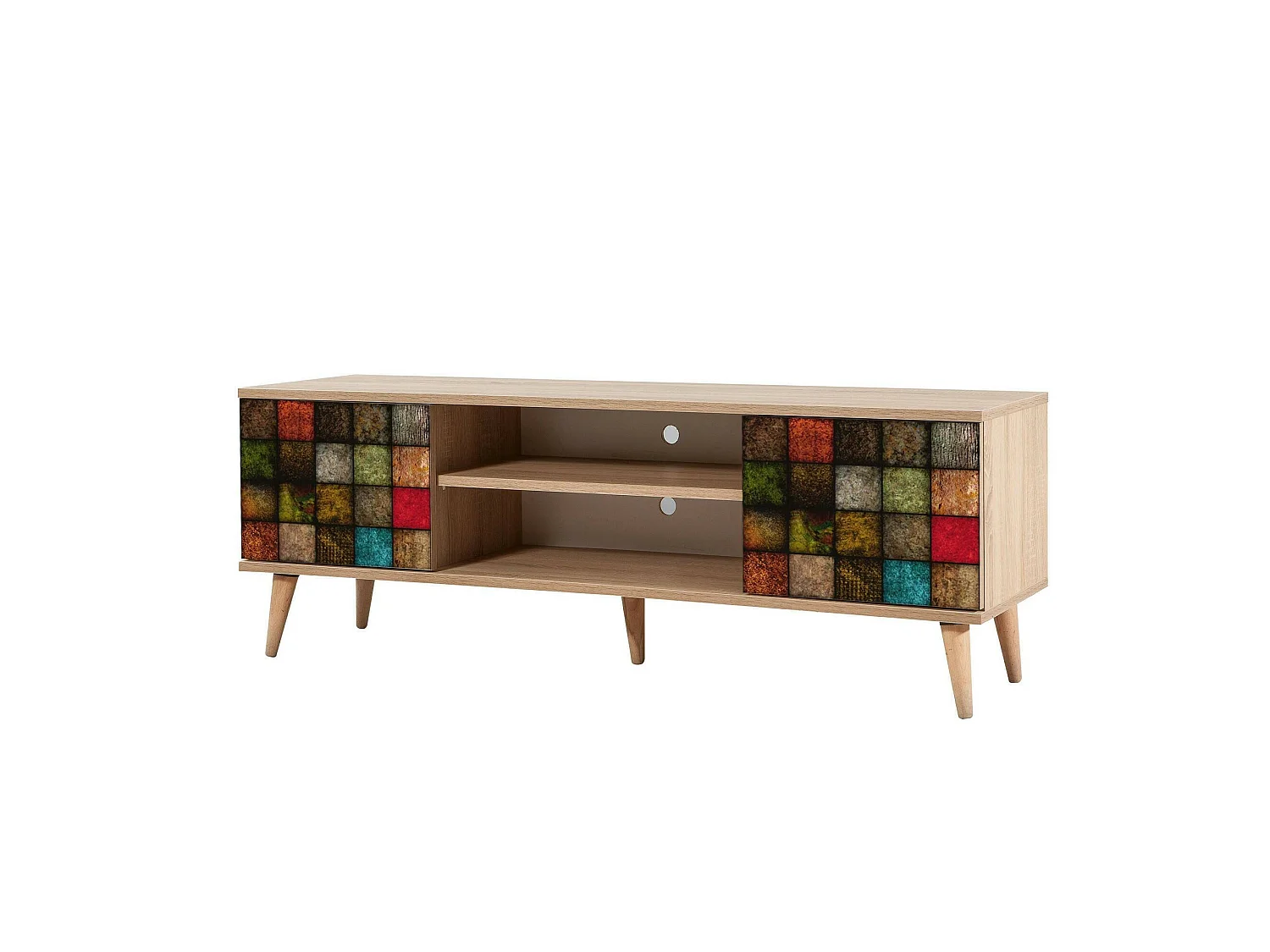 Meuble TV Amalthea, Buffet de salon, Armoire basse pour TV, Base murale de rangement, 140x40h50 cm, Chêne et Multicolore