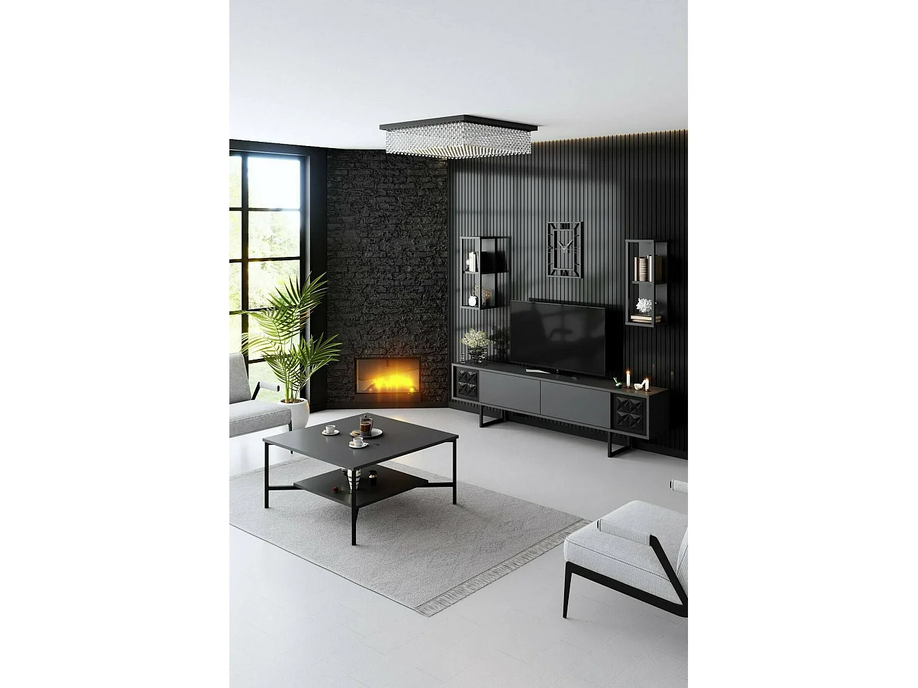 Meuble TV Kaus, Buffet de salon, Armoire basse pour TV, Base murale de rangement, 180x30h48 cm, Anthracite et Noir