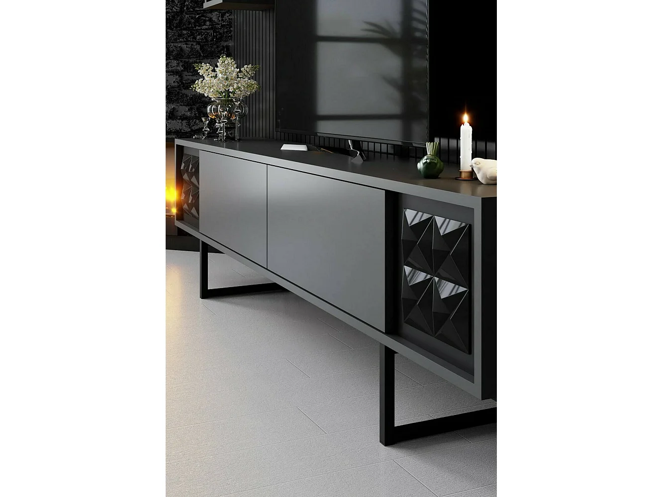 Meuble TV Kaus, Buffet de salon, Armoire basse pour TV, Base murale de rangement, 180x30h48 cm, Anthracite et Noir