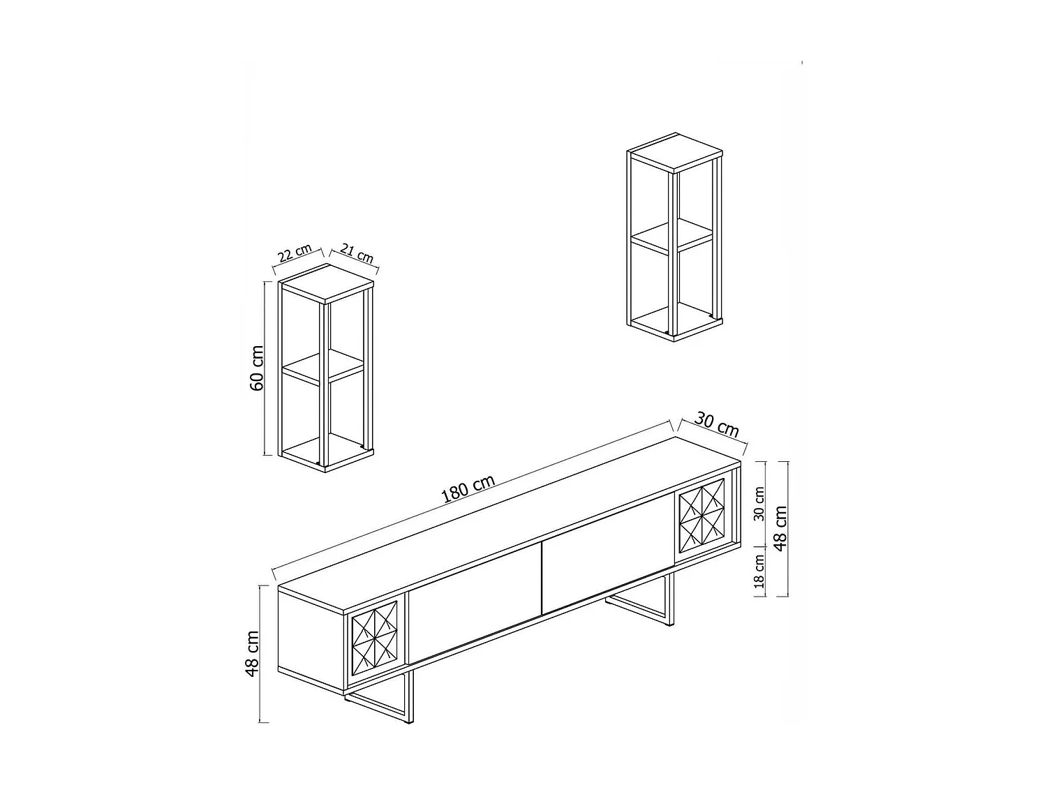Fernsehschrank Dmiggian, Ständer für Wohnzimmerfernseher, Niedriges Wohnzimmer-Sideboard, TV-Ständerbasis, 180x30h48 cm, Anthrazit und Schwarz
