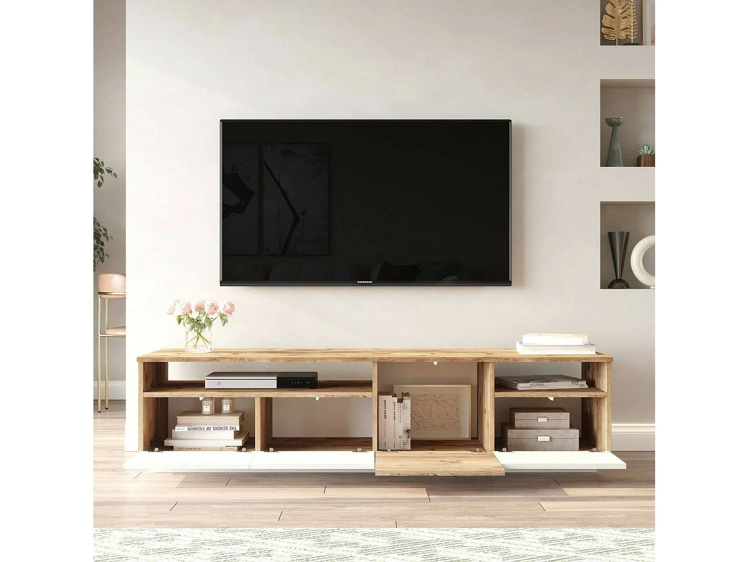 Meuble TV Carme, Buffet de salon, Armoire basse pour TV, Base murale de rangement, 180x45h45 cm, Chêne et Blanc