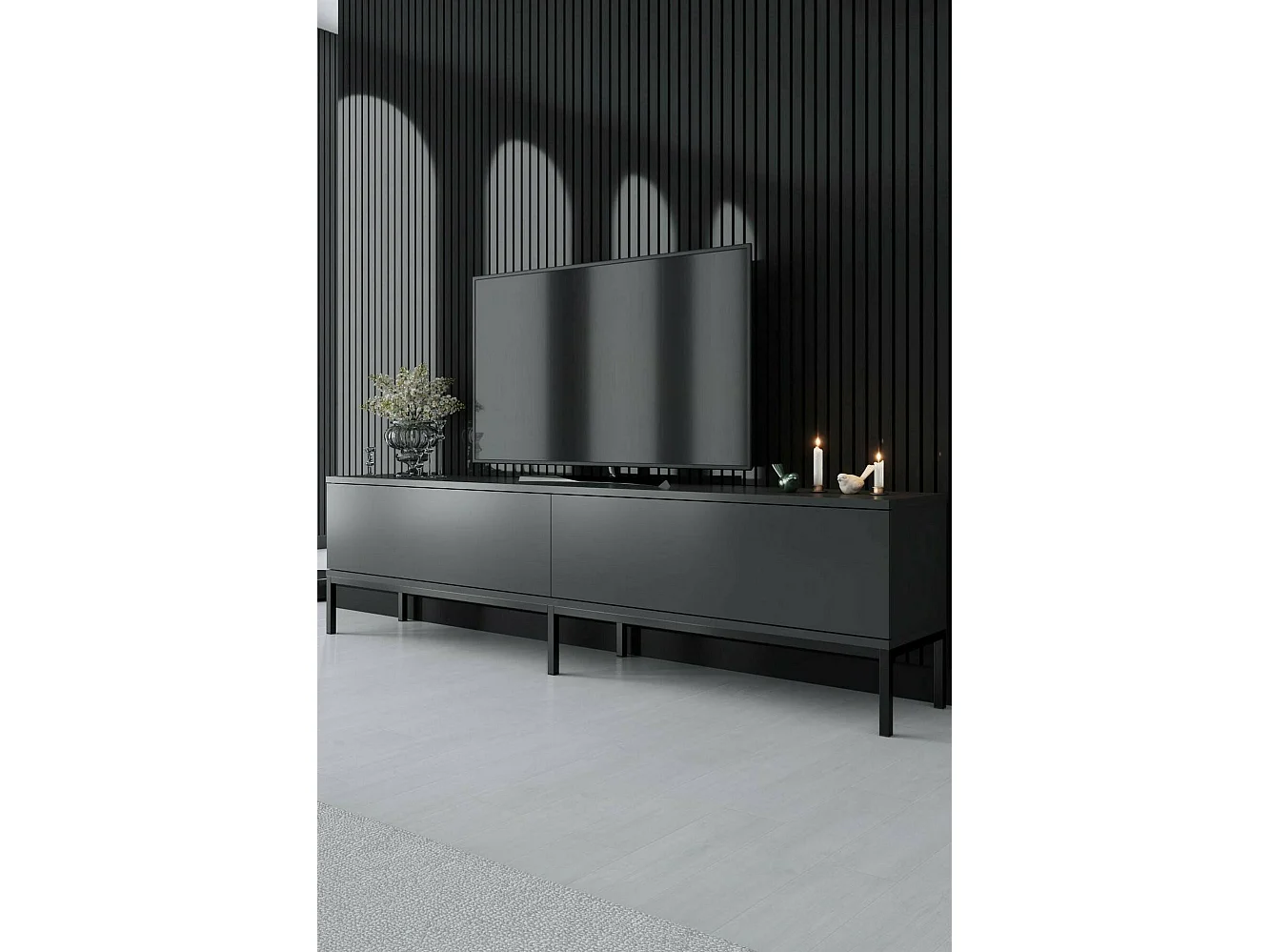 Fernsehschrank Dpetrell, Ständer für Wohnzimmerfernseher, Niedriges Wohnzimmer-Sideboard, TV-Ständerbasis, 180x30h47 cm, Anthrazit und Schwarz