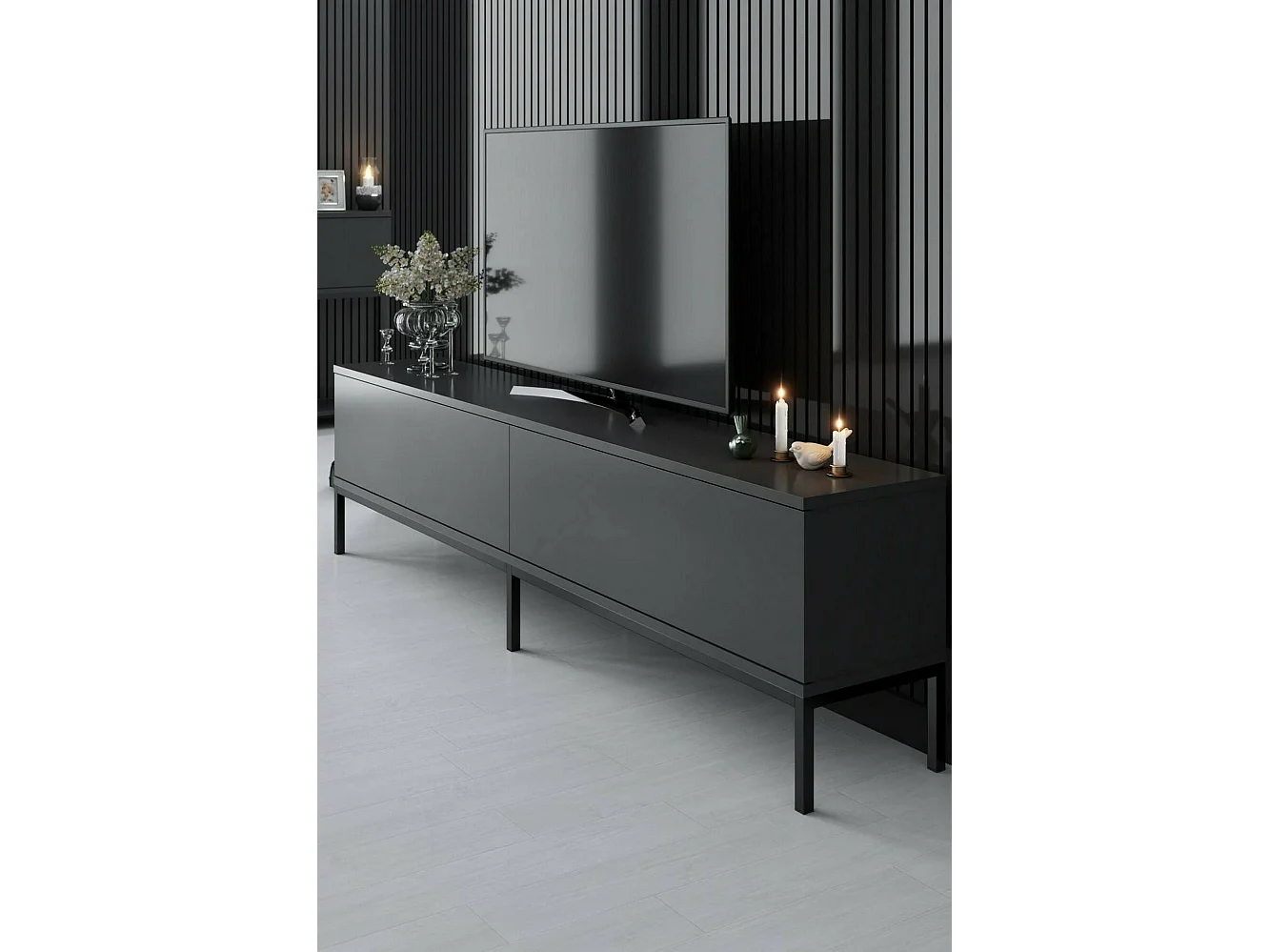 Meuble TV Regulus, Buffet de salon, Armoire basse pour TV, Base murale de rangement, 180x30h47 cm, Anthracite et Noir