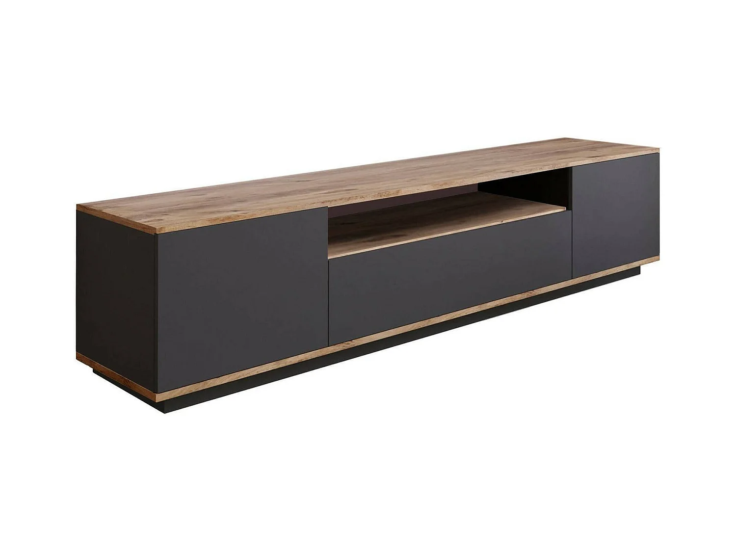 Meuble TV Sinope, Buffet de salon, Armoire basse pour TV, Base murale de rangement, 180x45h45 cm, Chêne et Anthracite