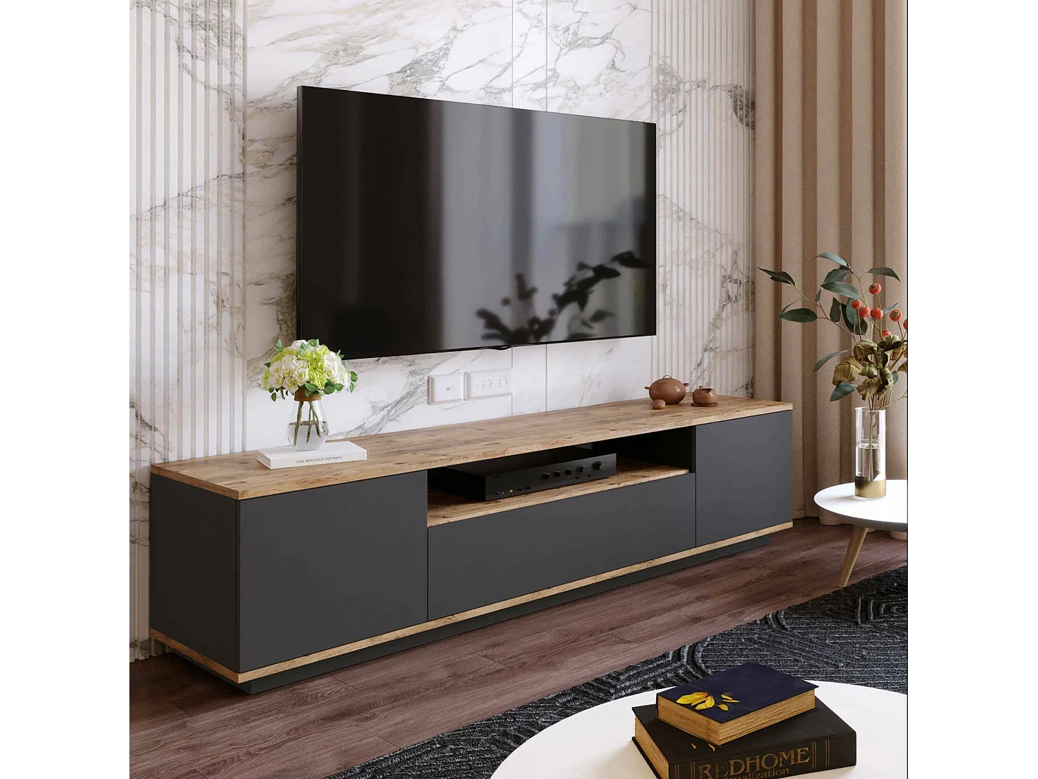 Suporte de TV Dpi móvelErott, Aparador de sala, Armário de TV baixo, Base de parede equipada, 180x45h45 cm, Carvalho e Antracite