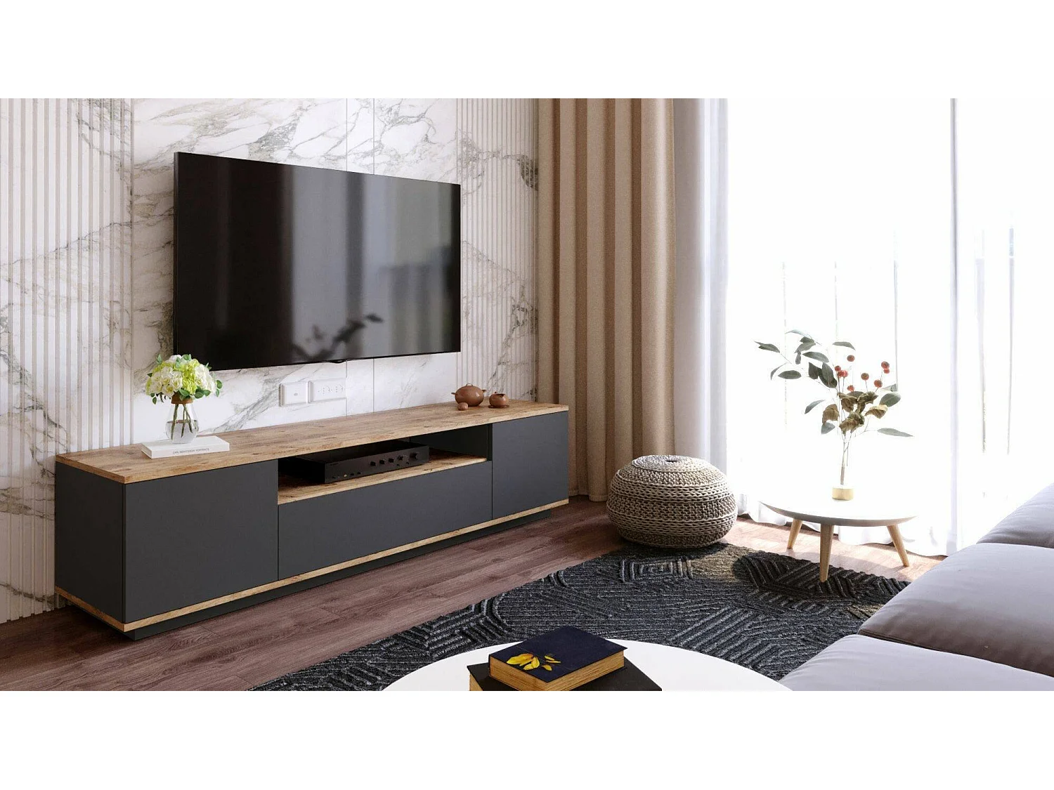 Meuble TV Sinope, Buffet de salon, Armoire basse pour TV, Base murale de rangement, 180x45h45 cm, Chêne et Anthracite