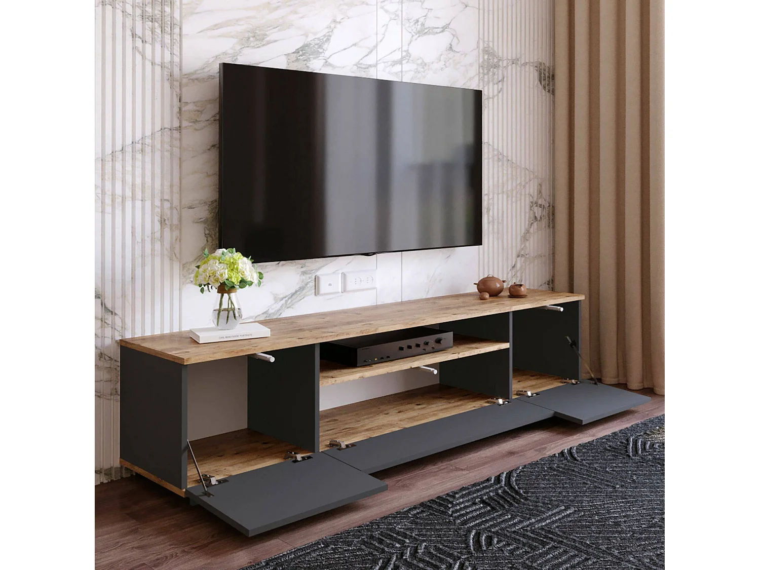 Dpi TV houder kastErott, Woonkamer dressoir, Lage tv kast, Inbouw wandvoet, 180x45h45 cm, Eiken en Antraciet