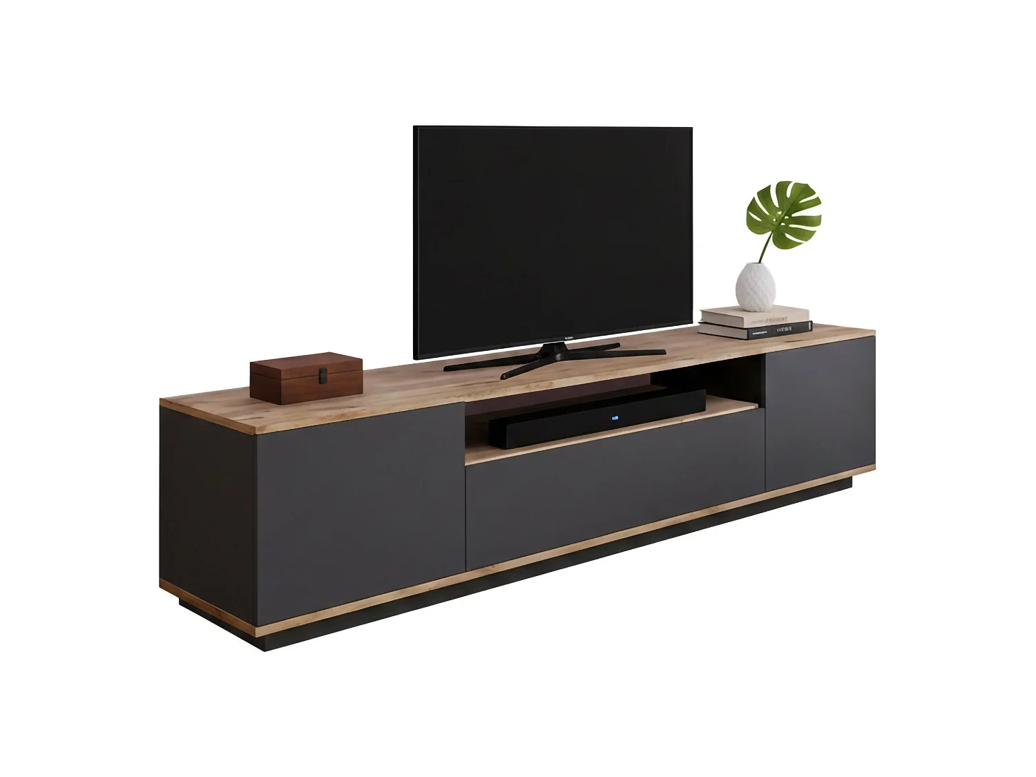 Meuble TV Sinope, Buffet de salon, Armoire basse pour TV, Base murale de rangement, 180x45h45 cm, Chêne et Anthracite