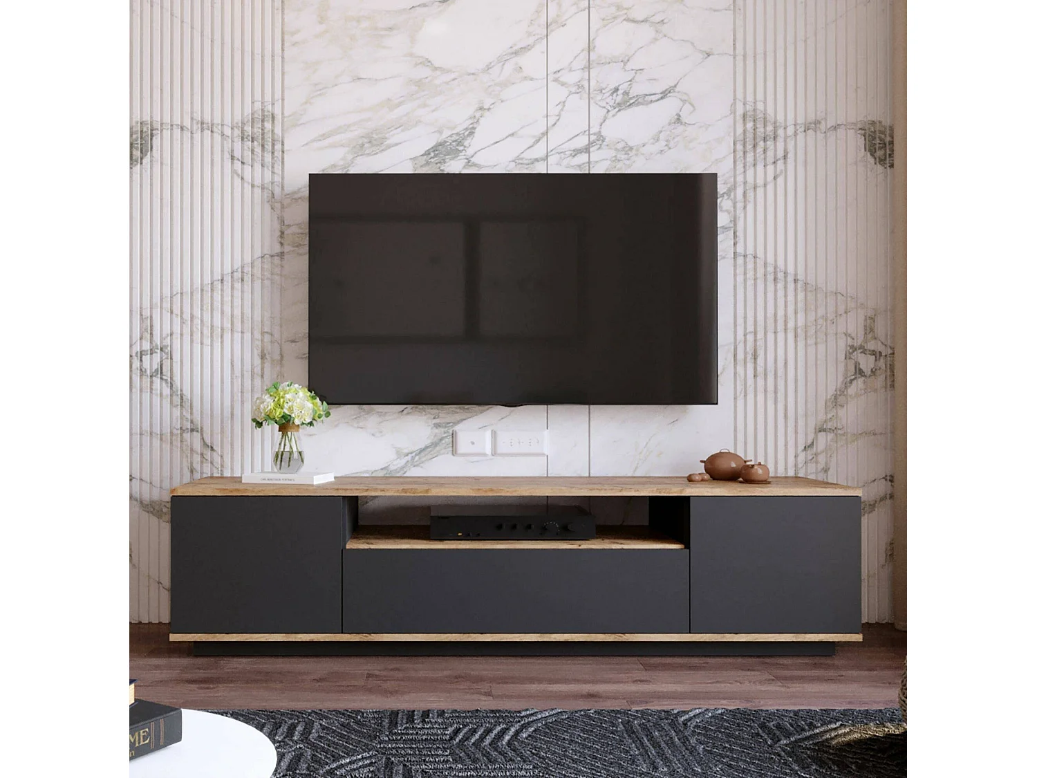 Dpi TV houder kastErott, Woonkamer dressoir, Lage tv kast, Inbouw wandvoet, 180x45h45 cm, Eiken en Antraciet