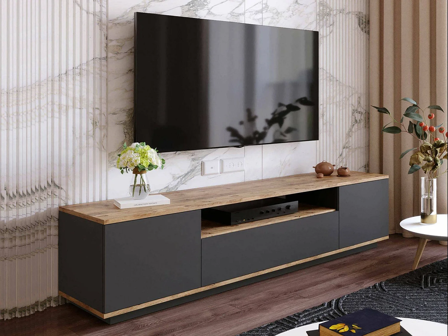 Dpi TV houder kastErott, Woonkamer dressoir, Lage tv kast, Inbouw wandvoet, 180x45h45 cm, Eiken en Antraciet