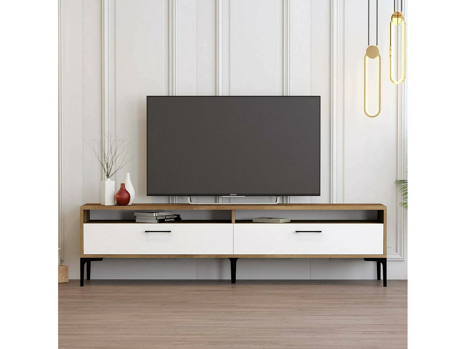 Meuble TV Eltanin, Buffet de salon, Armoire basse pour TV, Base murale de rangement, 47x35h180 cm, Noyer et Blanc