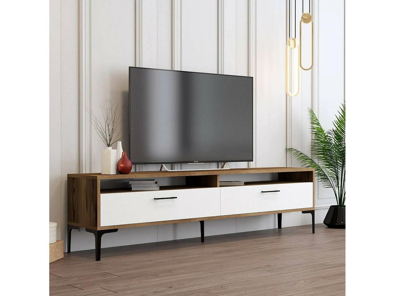 Meuble TV Eltanin, Buffet de salon, Armoire basse pour TV, Base murale de rangement, 47x35h180 cm, Noyer et Blanc