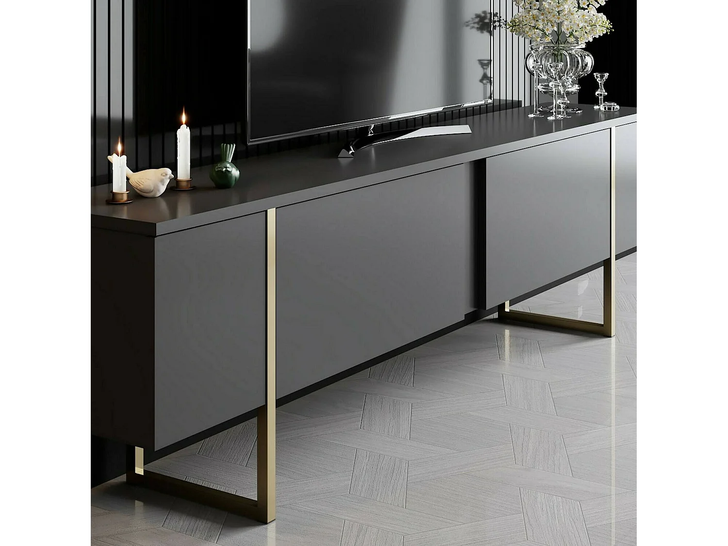 Dgridell tv-meubel, woonkamer dressoir, laag tv-meubel, gemonteerd wandonderstel, 180x30h50 cm, antraciet en goud