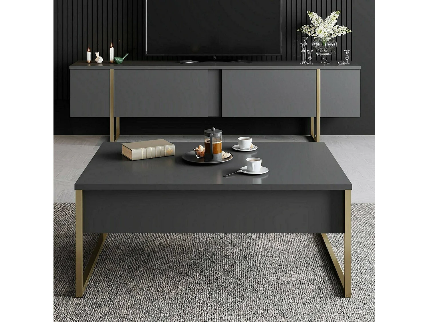 Meuble TV Abishia, une étagère, 180x30x50h cm Noir anthracite, 2 portes, 3 compartiments
