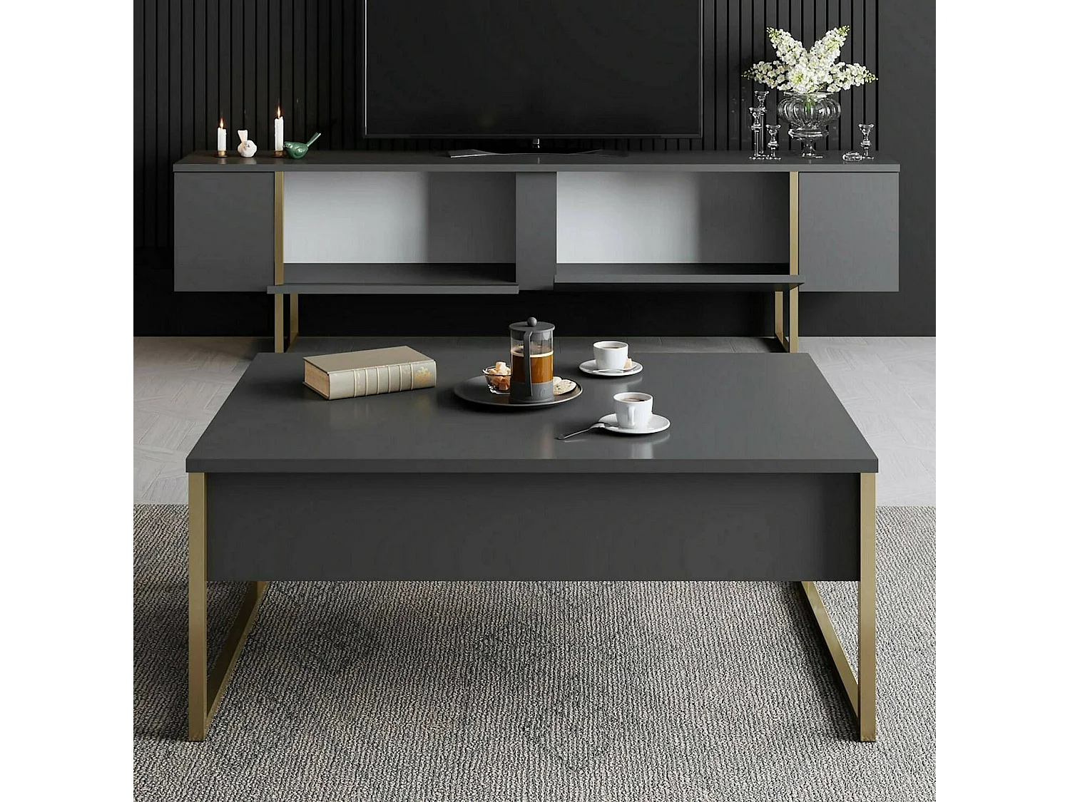 Meuble TV Abishia, une étagère, 180x30x50h cm Noir anthracite, 2 portes, 3 compartiments