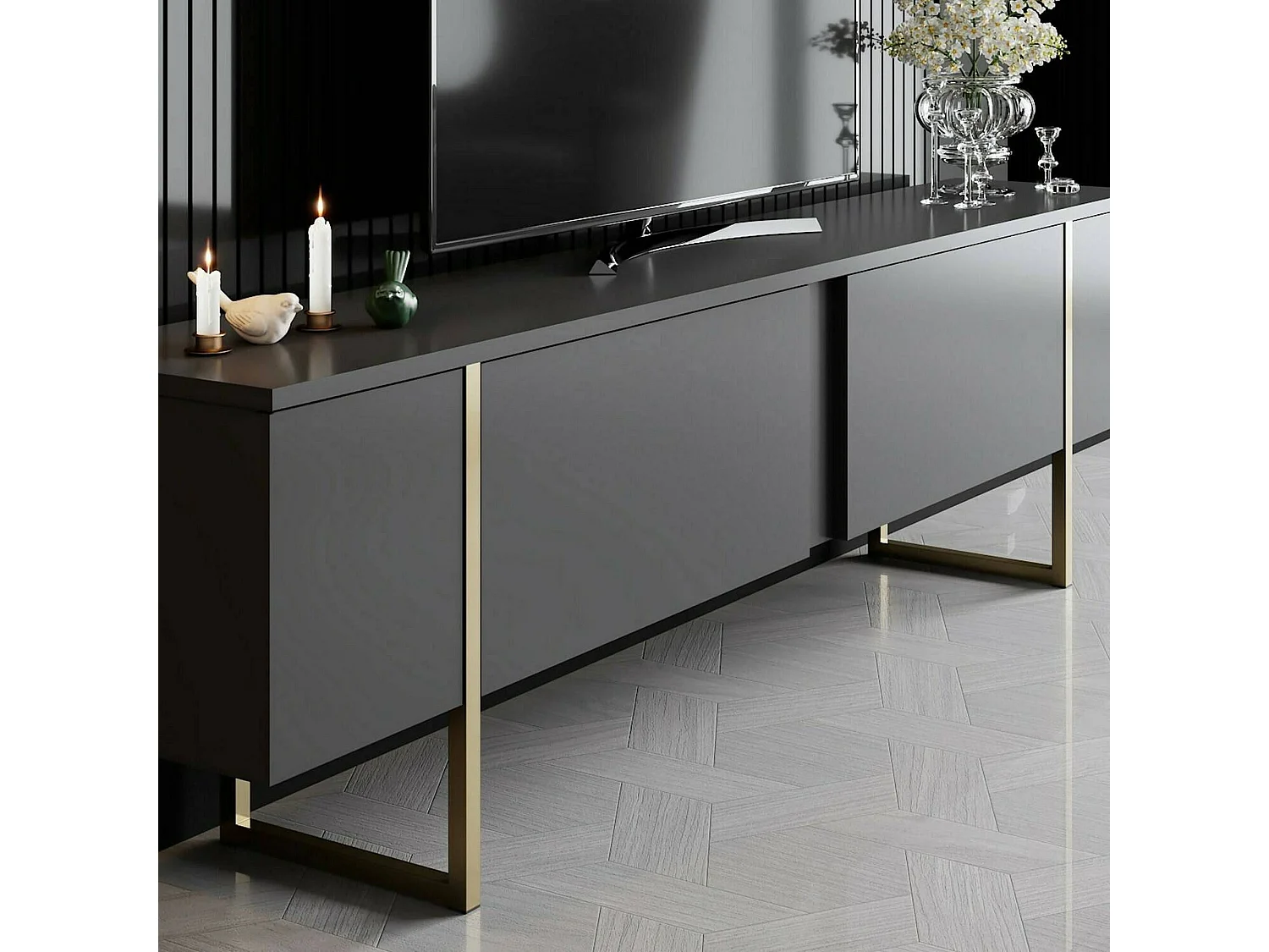 Meuble TV Abishia, une étagère, 180x30x50h cm Noir anthracite, 2 portes, 3 compartiments
