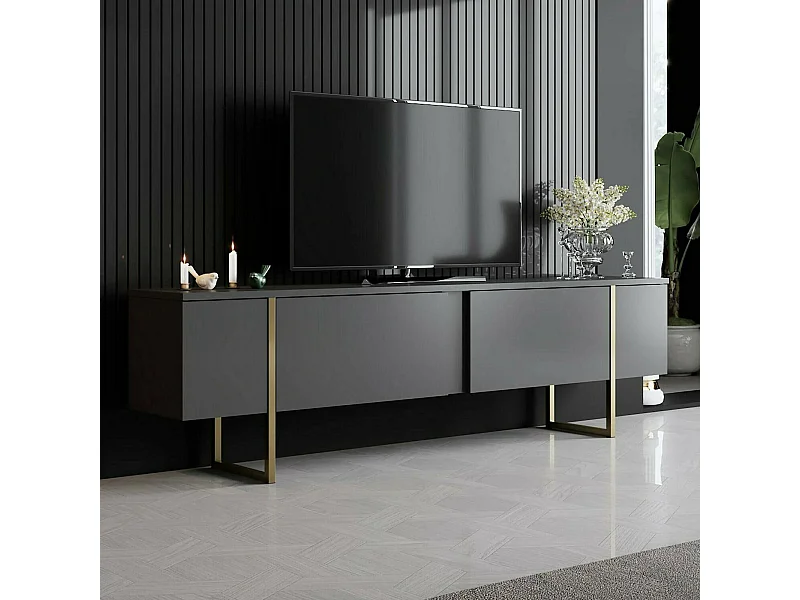 Dgridell tv-meubel, woonkamer dressoir, laag tv-meubel, gemonteerd wandonderstel, 180x30h50 cm, antraciet en goud
