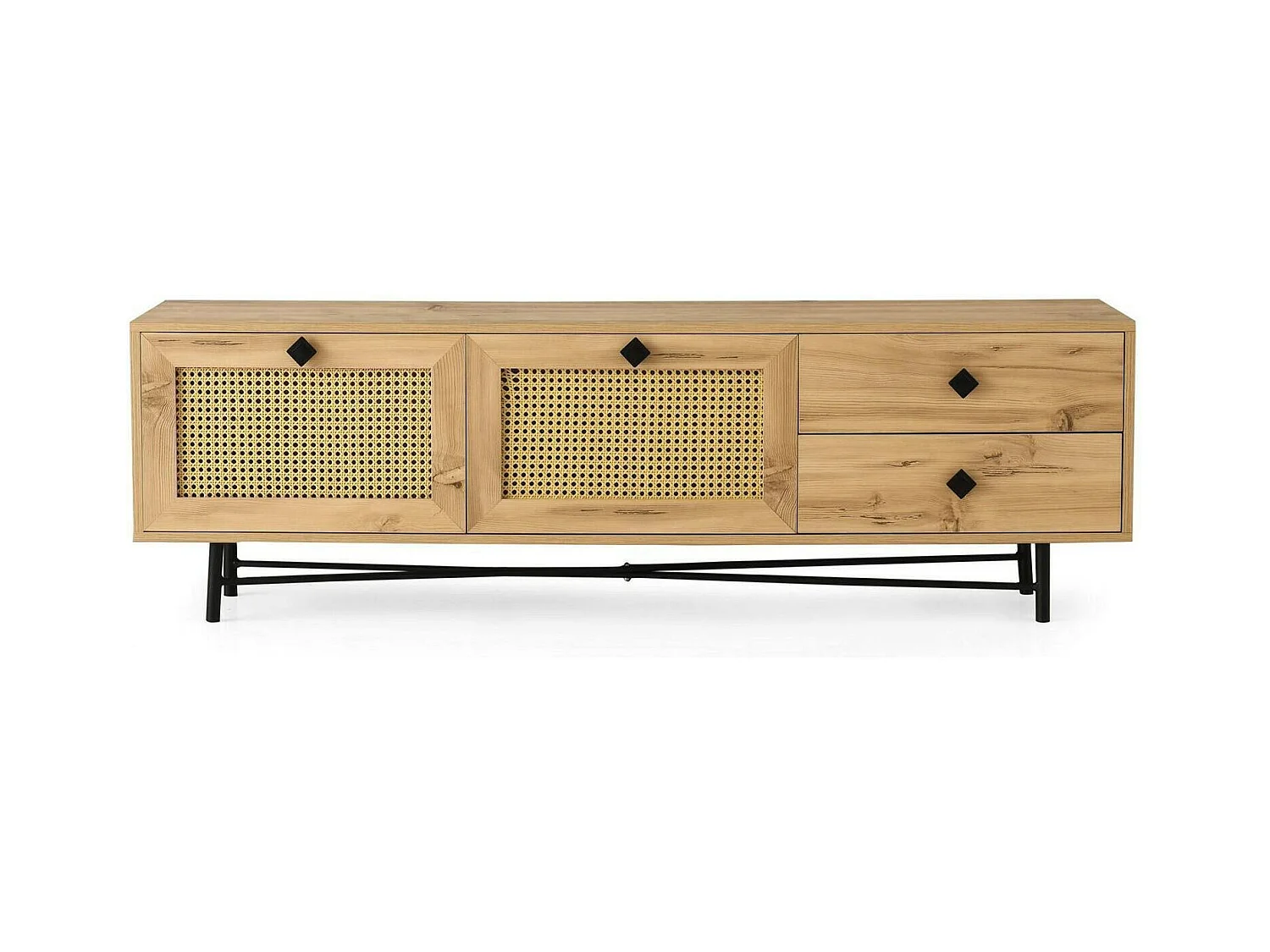 Meuble TV Hebe, Buffet de salon, Armoire basse pour TV, Base murale de rangement, 180x40h60 cm, Chêne et Noir