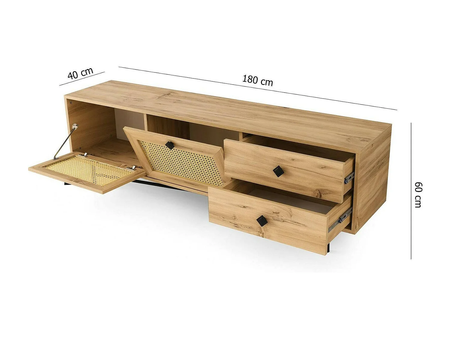 Meuble TV Hebe, Buffet de salon, Armoire basse pour TV, Base murale de rangement, 180x40h60 cm, Chêne et Noir