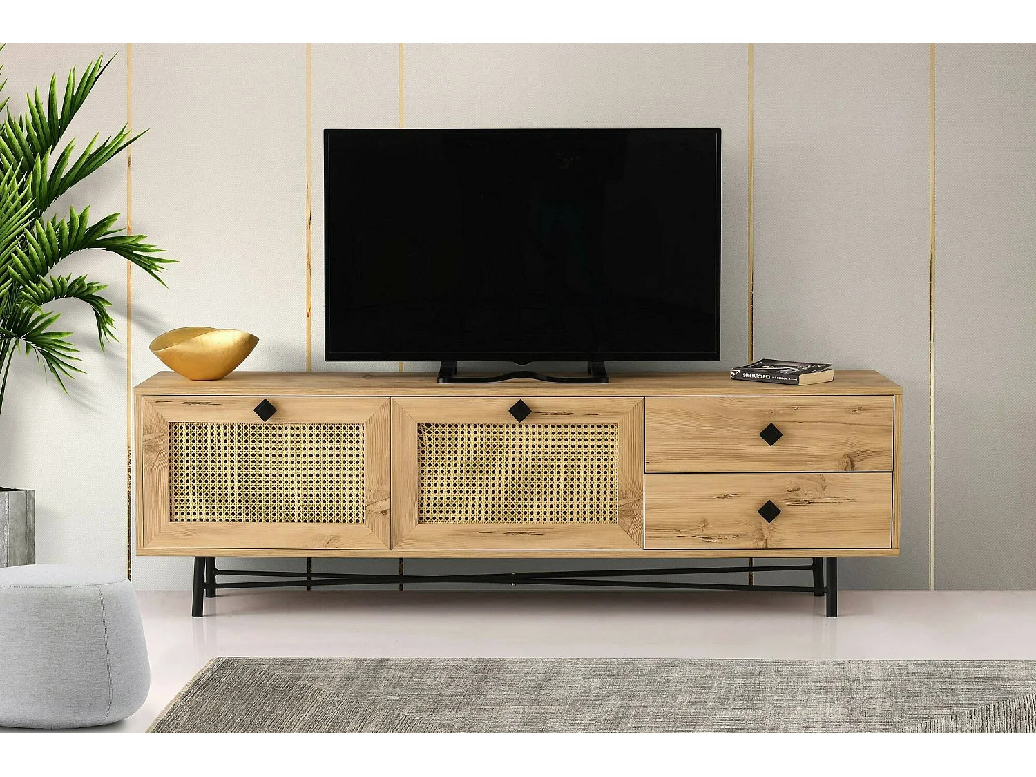 Meuble TV Hebe, Buffet de salon, Armoire basse pour TV, Base murale de rangement, 180x40h60 cm, Chêne et Noir