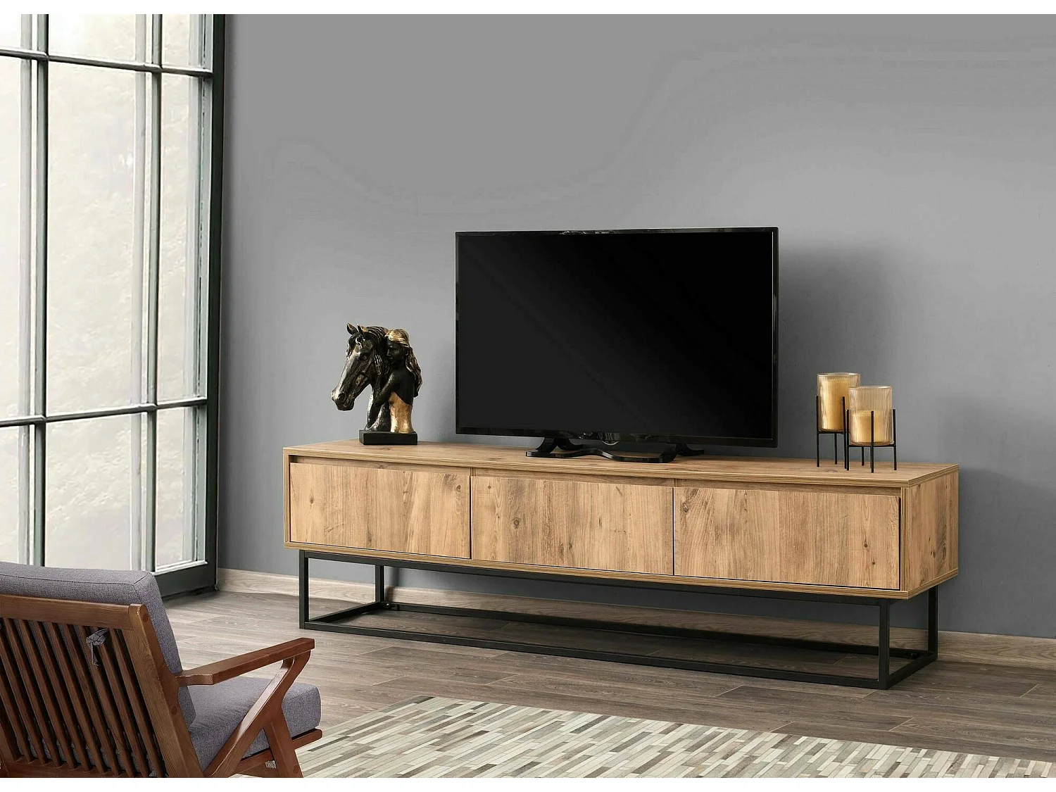Mueble de televisión Dpinat, Aparador de salón, Mueble bajo para TV, Base de pared equipada, 180x40h50 cm, Roble y Negro