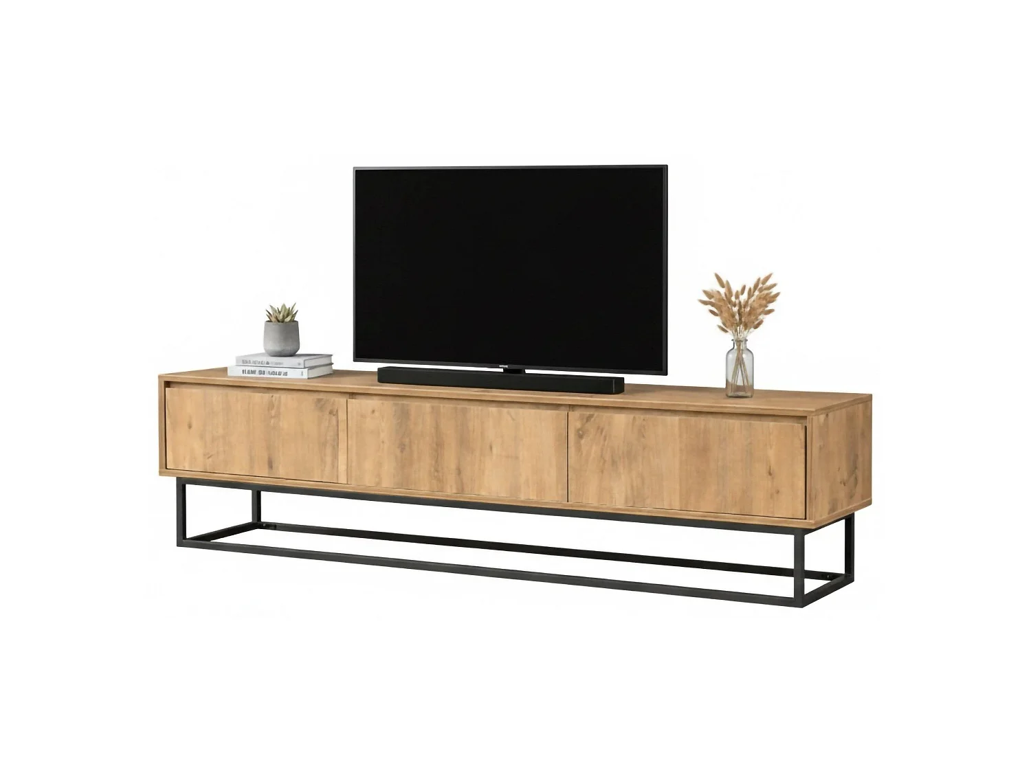 Meuble TV Suhail, Buffet de salon, Armoire basse pour TV, Base murale de rangement, 180x40h50 cm, Chêne et Noir