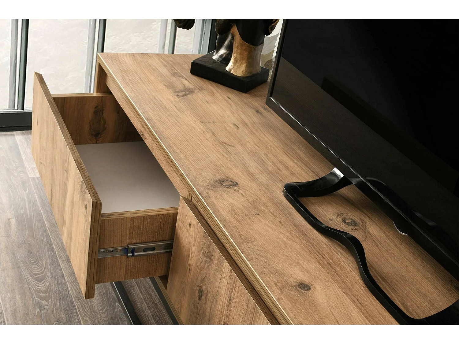 Meuble TV Suhail, Buffet de salon, Armoire basse pour TV, Base murale de rangement, 180x40h50 cm, Chêne et Noir