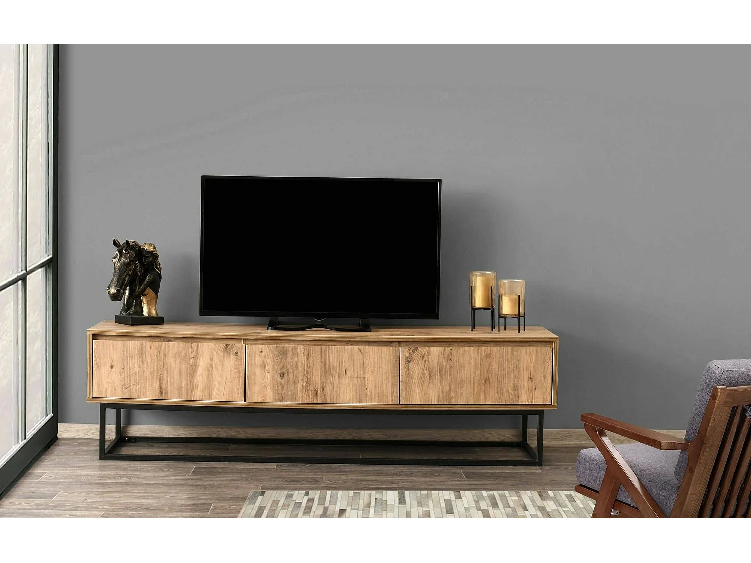 Meuble TV Suhail, Buffet de salon, Armoire basse pour TV, Base murale de rangement, 180x40h50 cm, Chêne et Noir