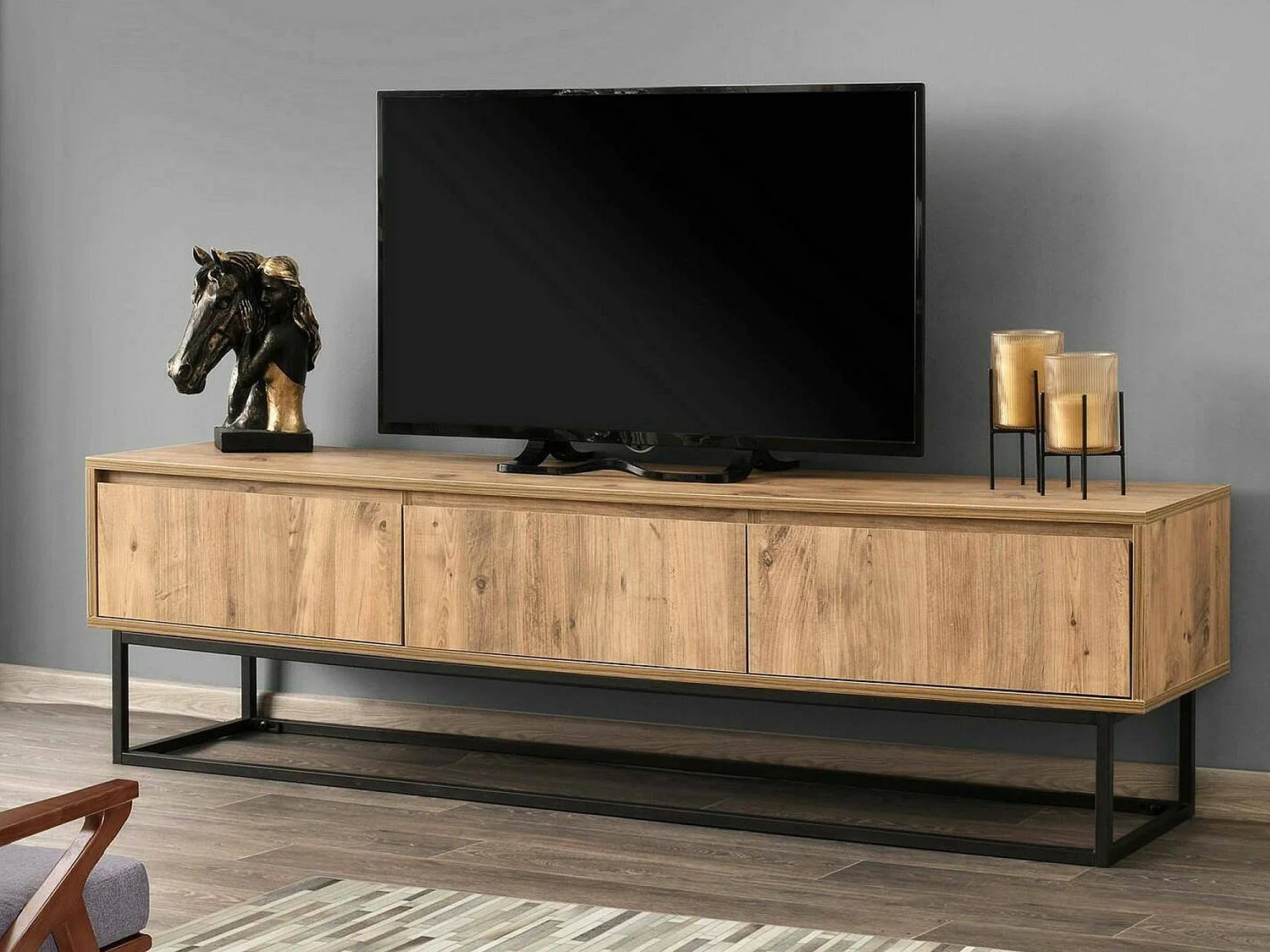 Meuble TV Suhail, Buffet de salon, Armoire basse pour TV, Base murale de rangement, 180x40h50 cm, Chêne et Noir