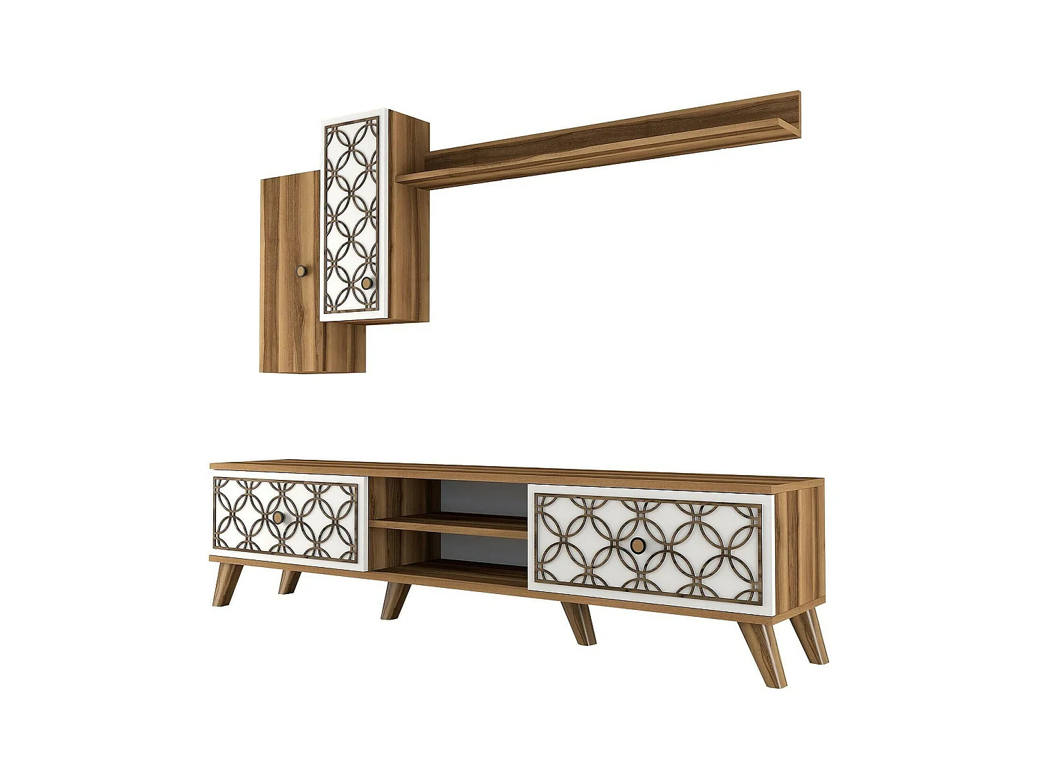Dpinzaut tv-meubel, woonkamermeubel, laag tv-meubel, Muurstandaard, 180x35h44 cm, walnoot en wit