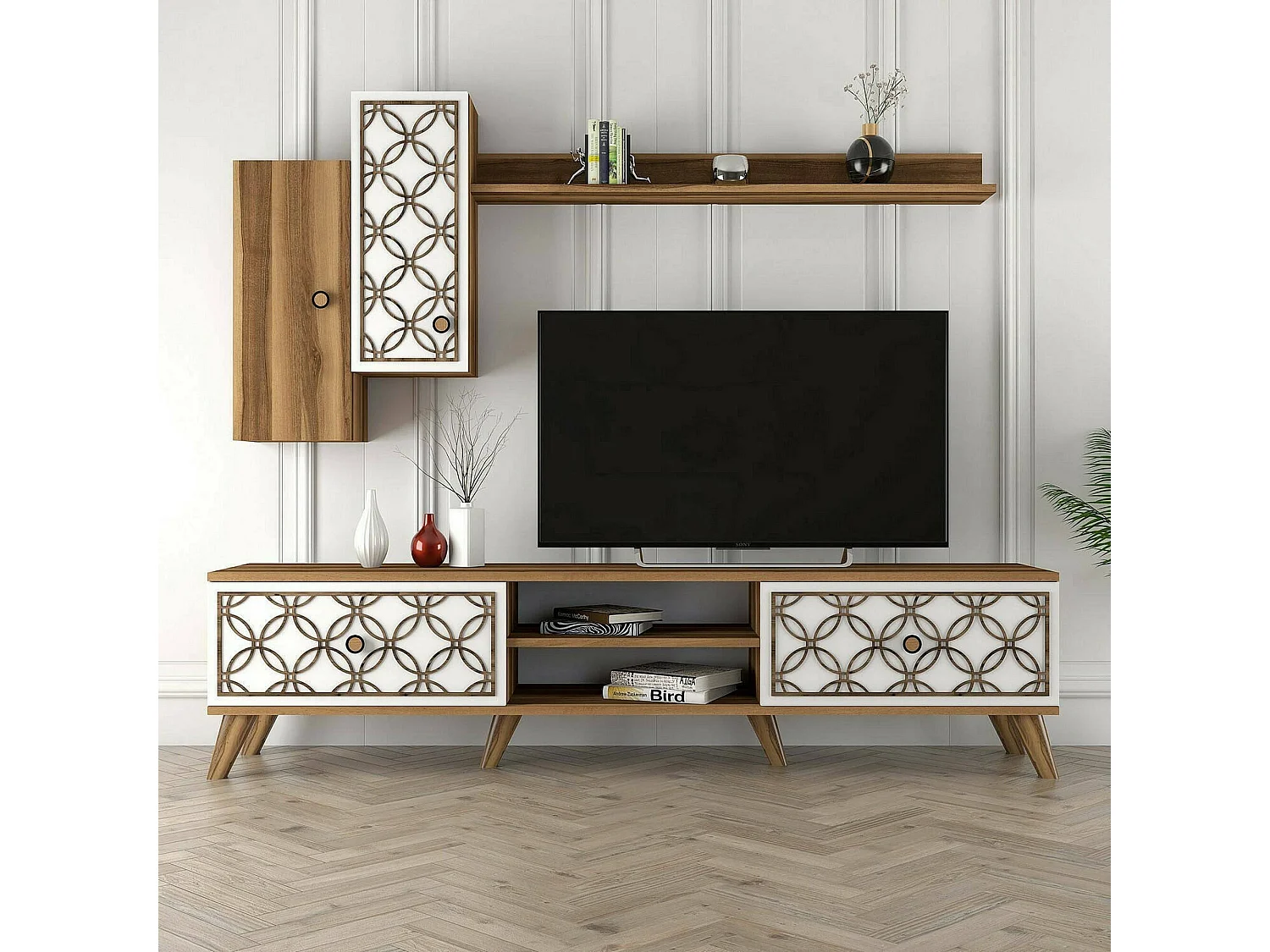 Dpinzaut tv-meubel, woonkamermeubel, laag tv-meubel, Muurstandaard, 180x35h44 cm, walnoot en wit