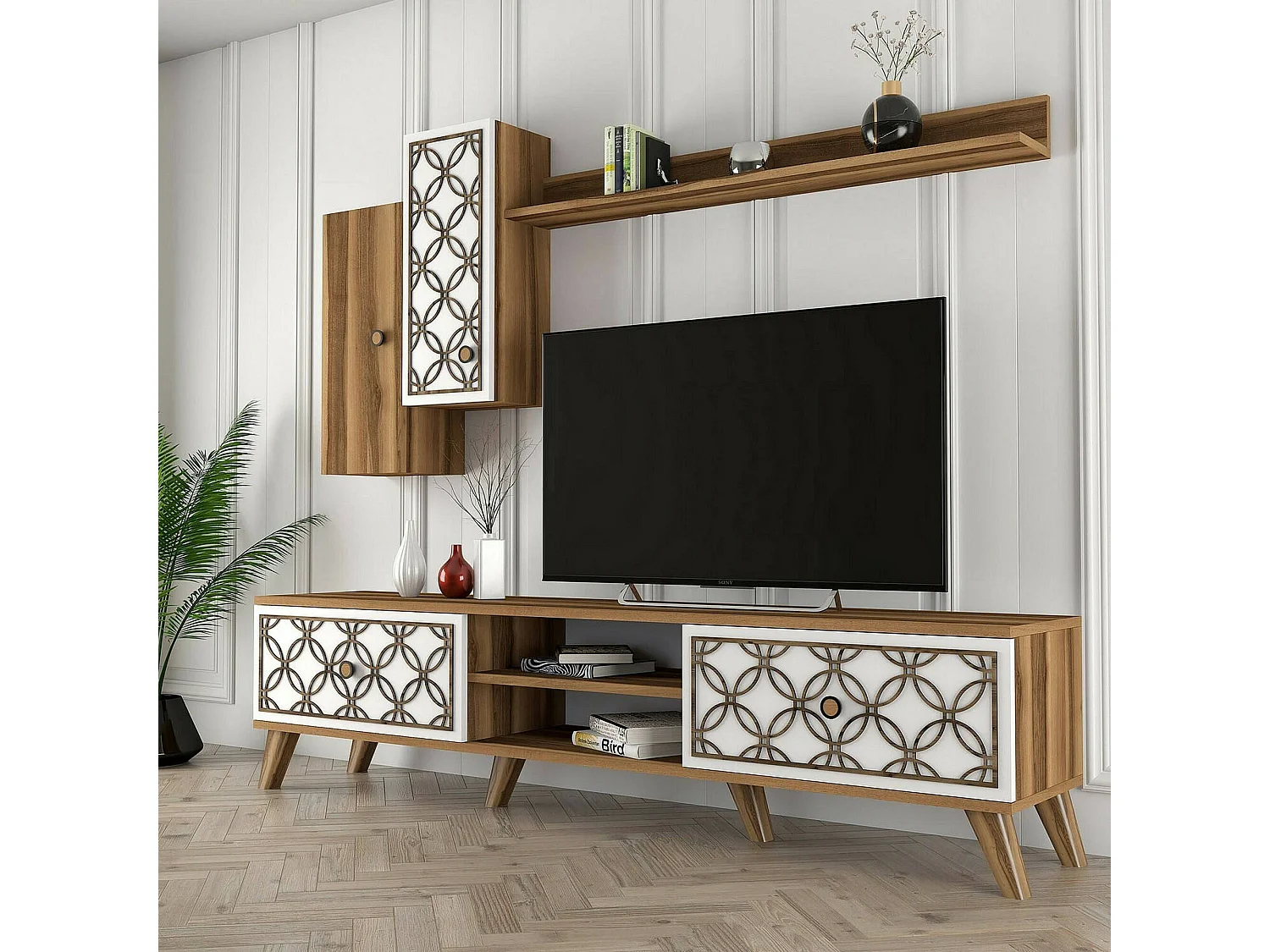 Fernsehschrank Dpinzaut, Ständer für Wohnzimmerfernseher, Niedriges Wohnzimmer-Sideboard, TV-Ständerbasis, 180x35h44 cm, Walnuss und WeiÃŸ