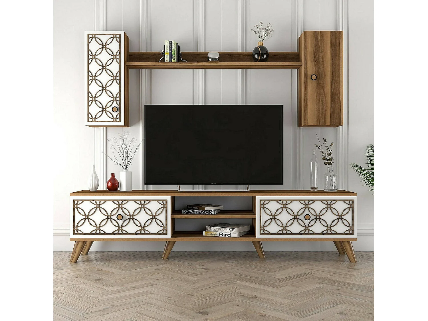 Fernsehschrank Dpinzaut, Ständer für Wohnzimmerfernseher, Niedriges Wohnzimmer-Sideboard, TV-Ständerbasis, 180x35h44 cm, Walnuss und WeiÃŸ