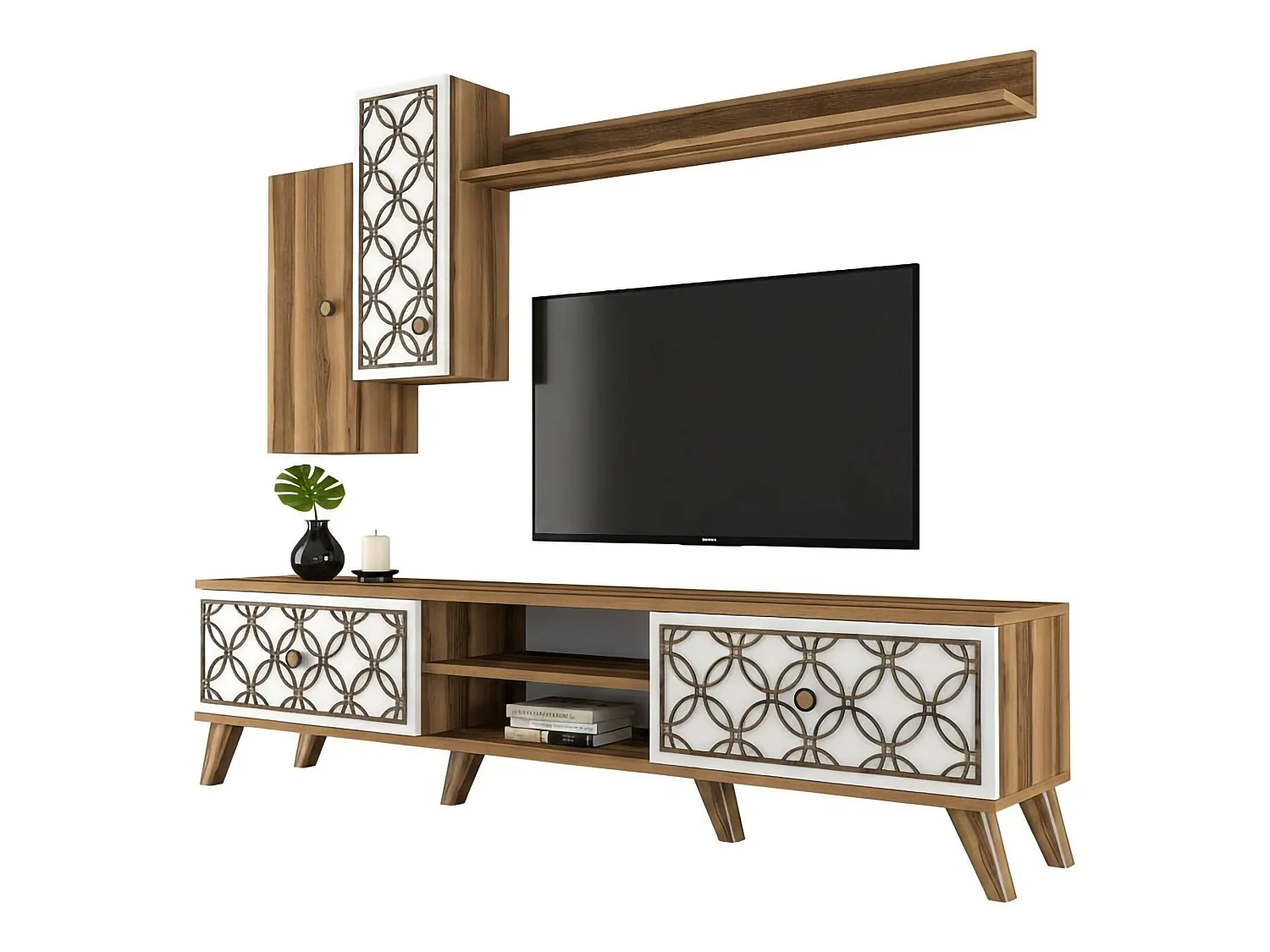 Meuble TV Tariq, Buffet de salon, Armoire basse pour TV, Base murale de rangement, 180x35h44 cm, Noyer et Blanc