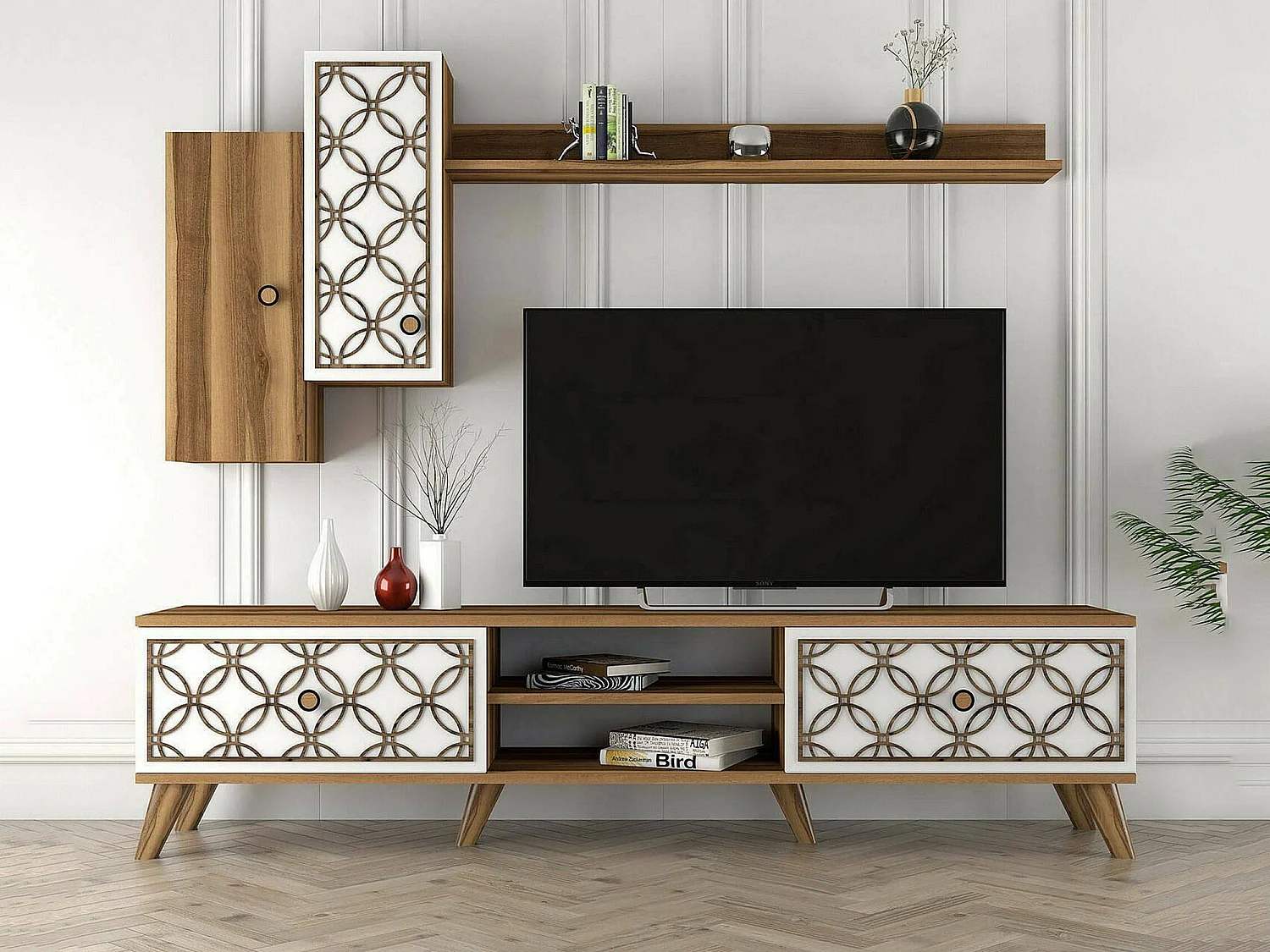Meuble TV Tariq, Buffet de salon, Armoire basse pour TV, Base murale de rangement, 180x35h44 cm, Noyer et Blanc