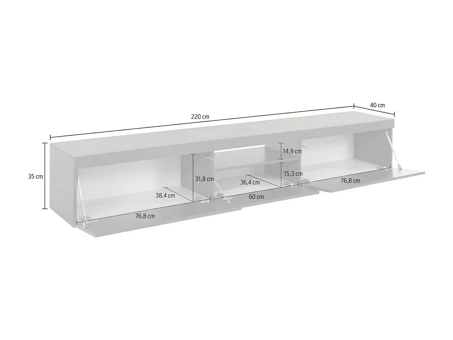 Meuble TV Ulrico, Buffet bas de salon avec 3 portes, Base meuble TV, 220x40h35 cm, Anthracite